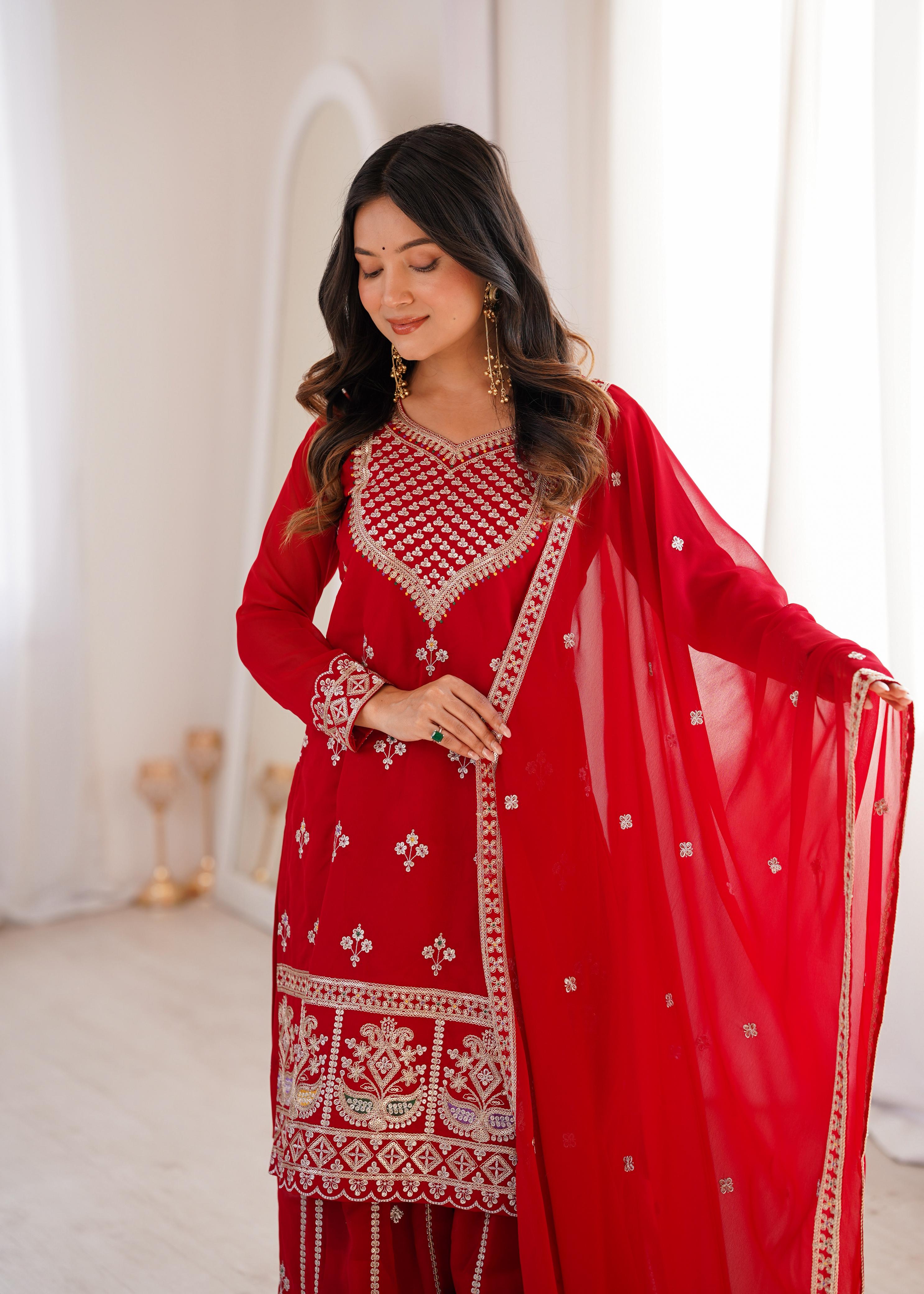 Red Pure Fox Georgette Kurta Suit Set With Embroidery Work