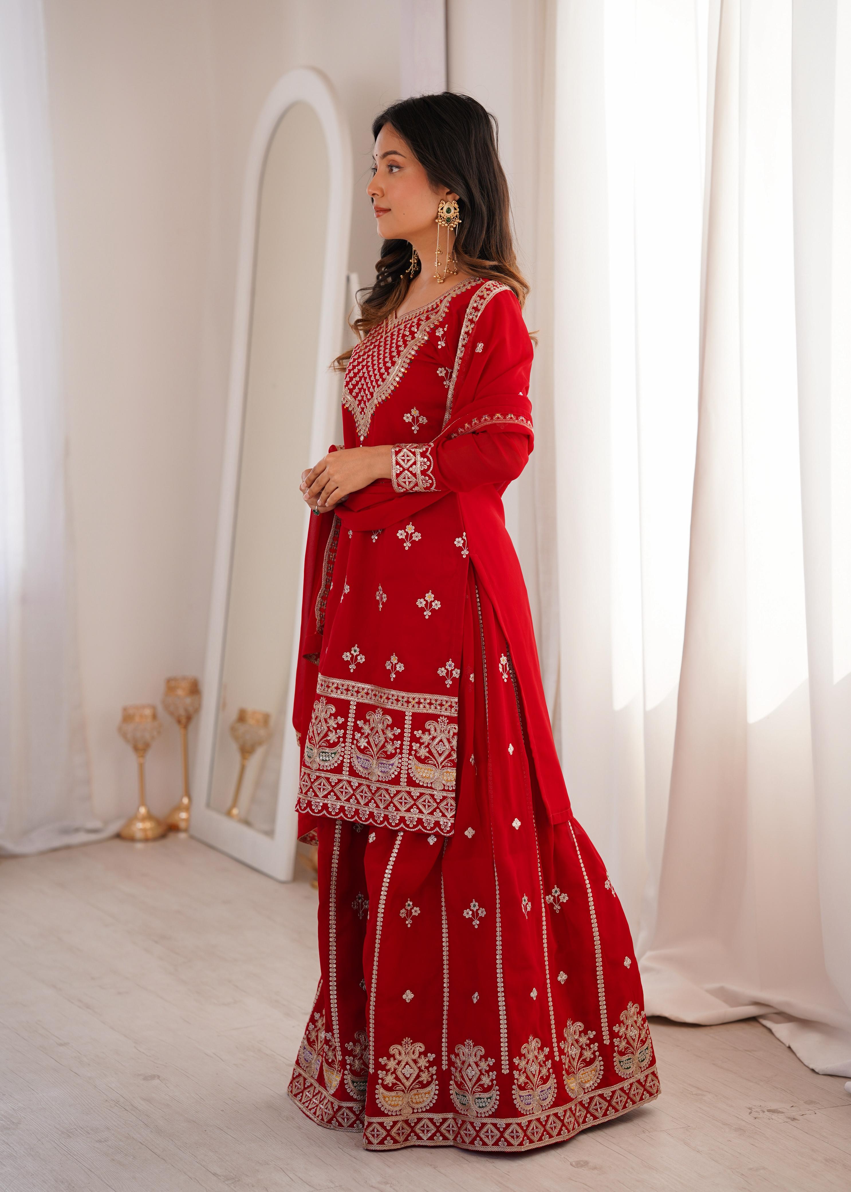 Red Pure Fox Georgette Kurta Suit Set With Embroidery Work