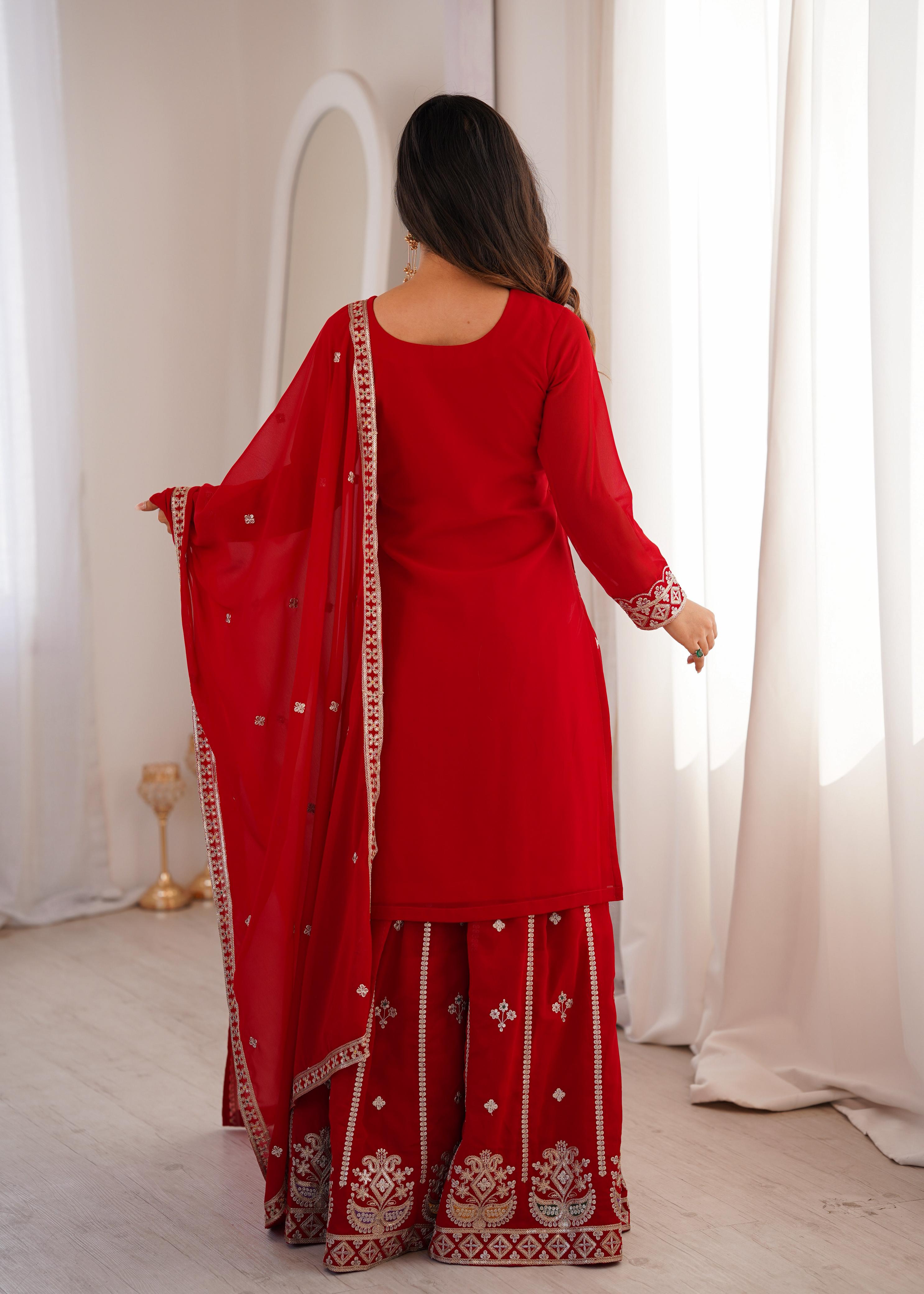 Red Pure Fox Georgette Kurta Suit Set With Embroidery Work