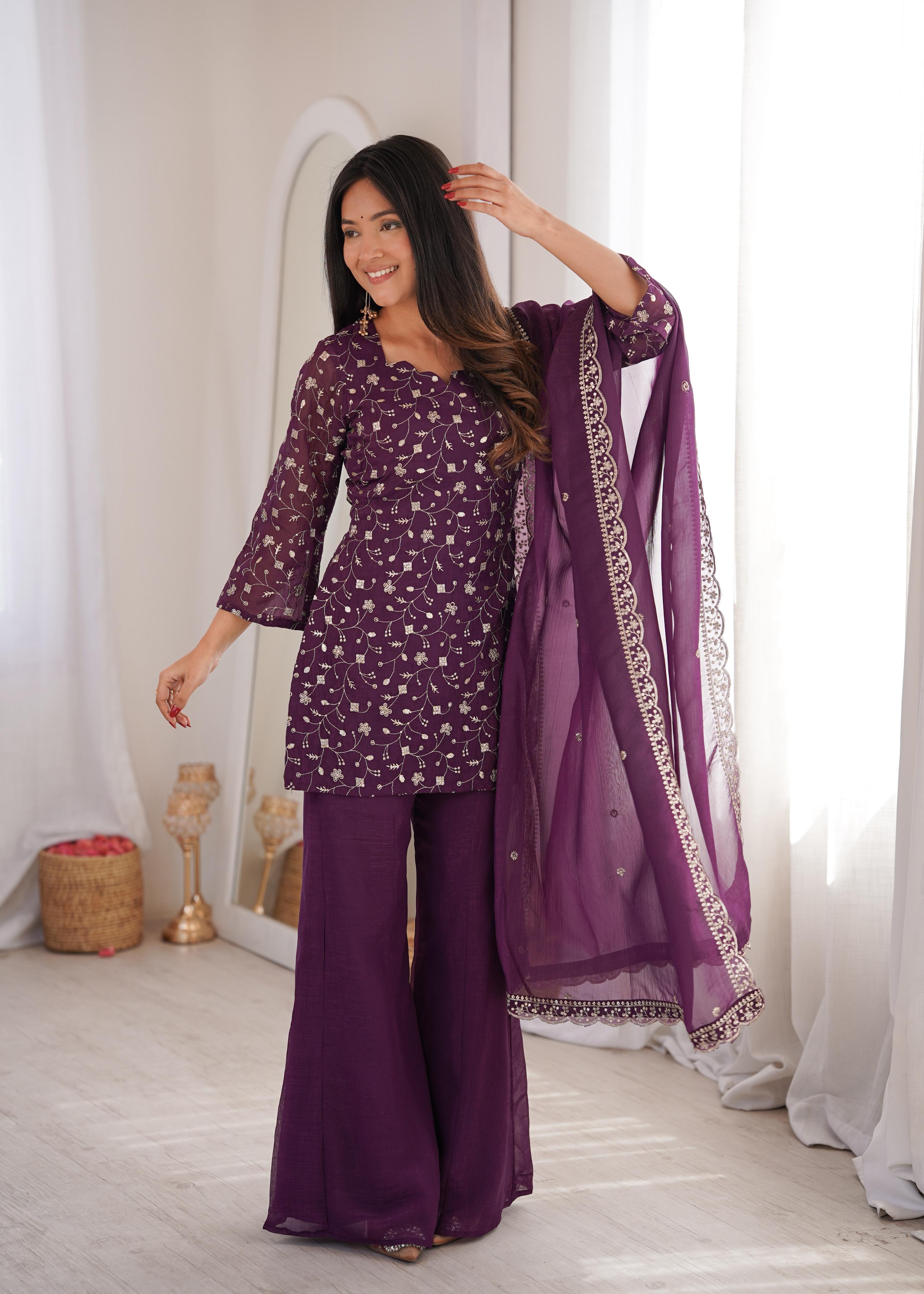 Wine Crunchy Silk Kurta Suit Set with Embroidery for Festive Occasions