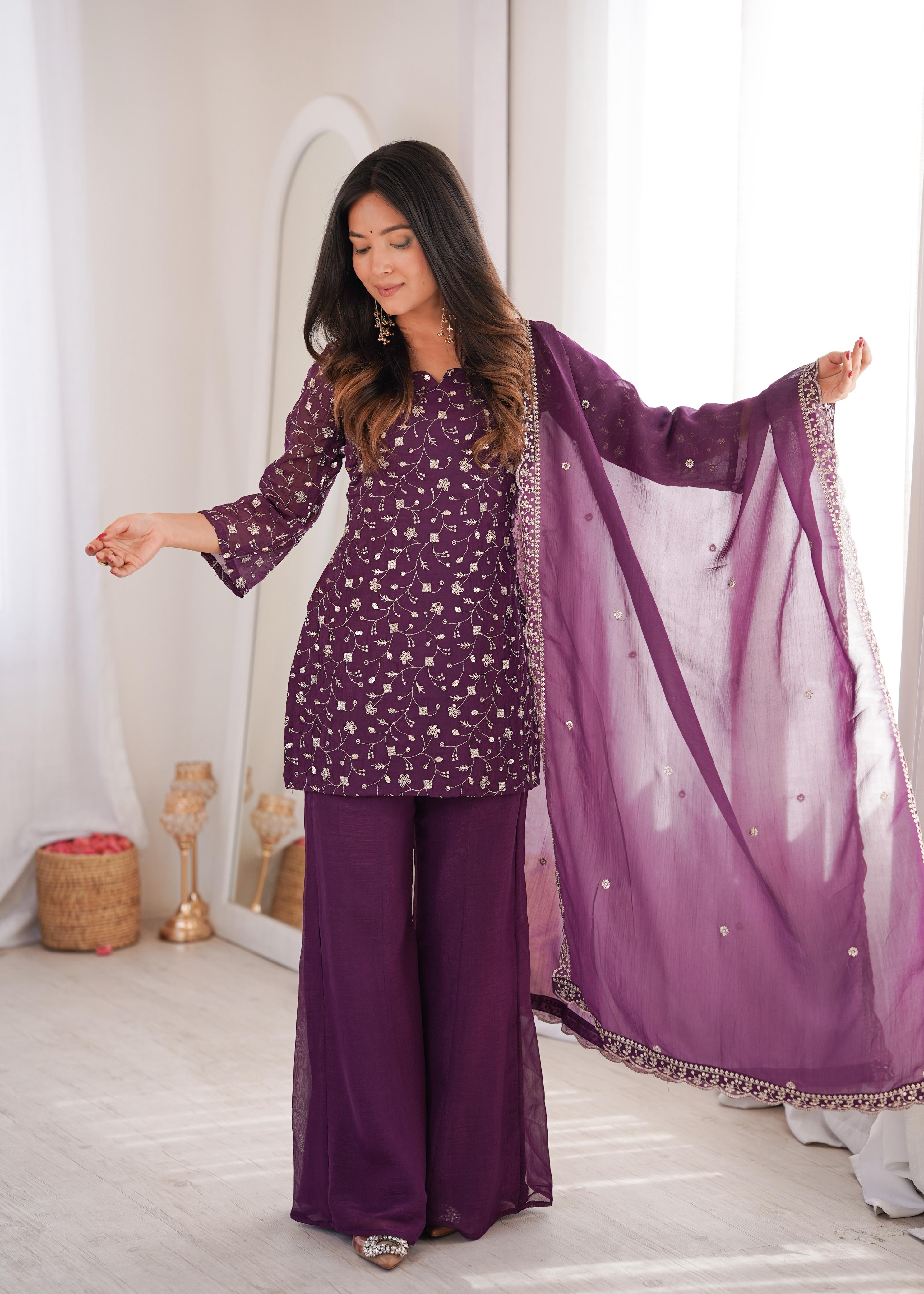 Wine Crunchy Silk Kurta Suit Set with Embroidery for Festive Occasions