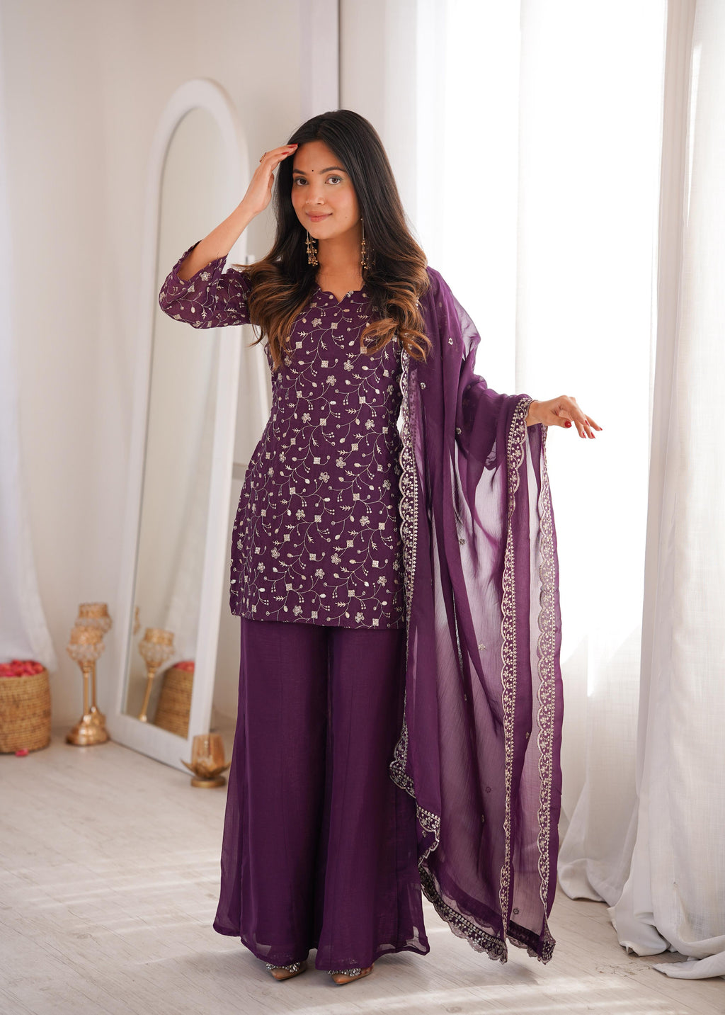 Wine Crunchy Silk Kurta Suit Set with Embroidery for Festive Occasions