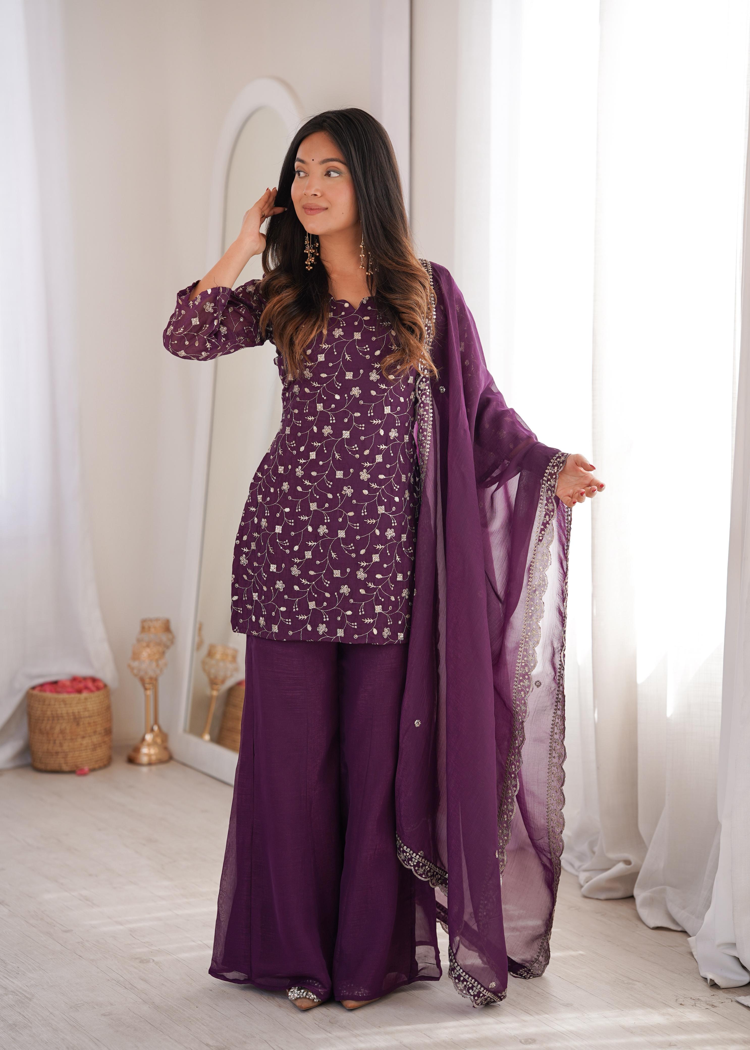 Wine Crunchy Silk Kurta Suit Set with Embroidery for Festive Occasions