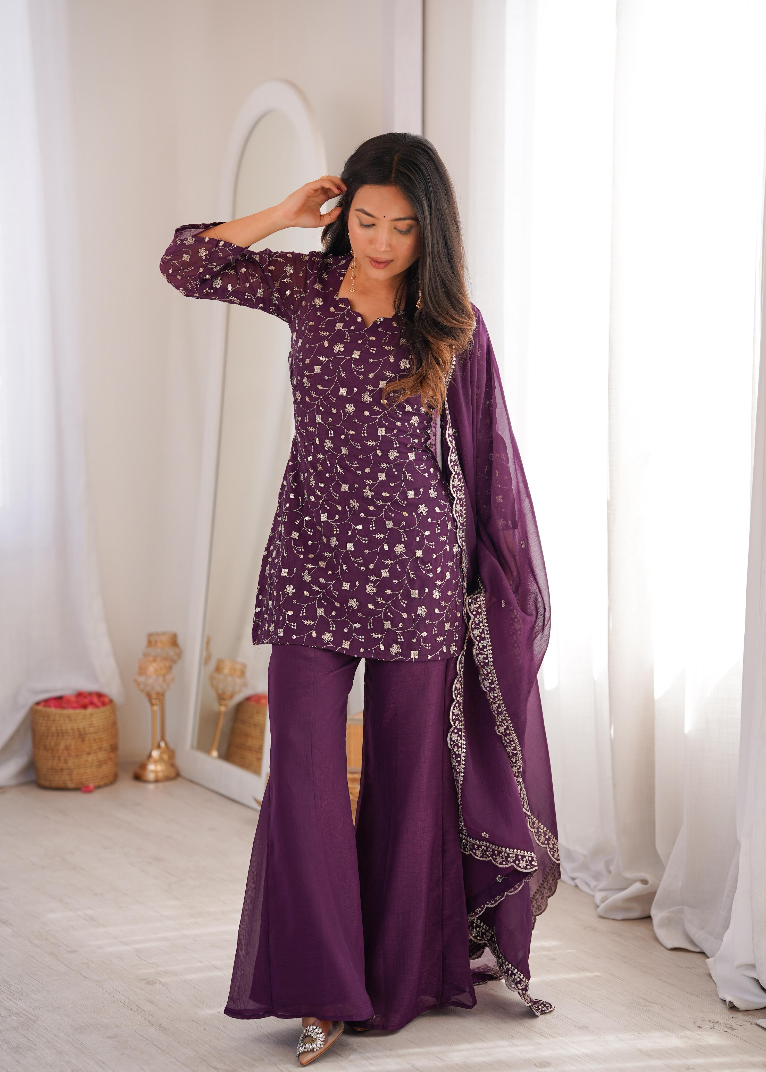 Wine Crunchy Silk Kurta Suit Set with Embroidery for Festive Occasions