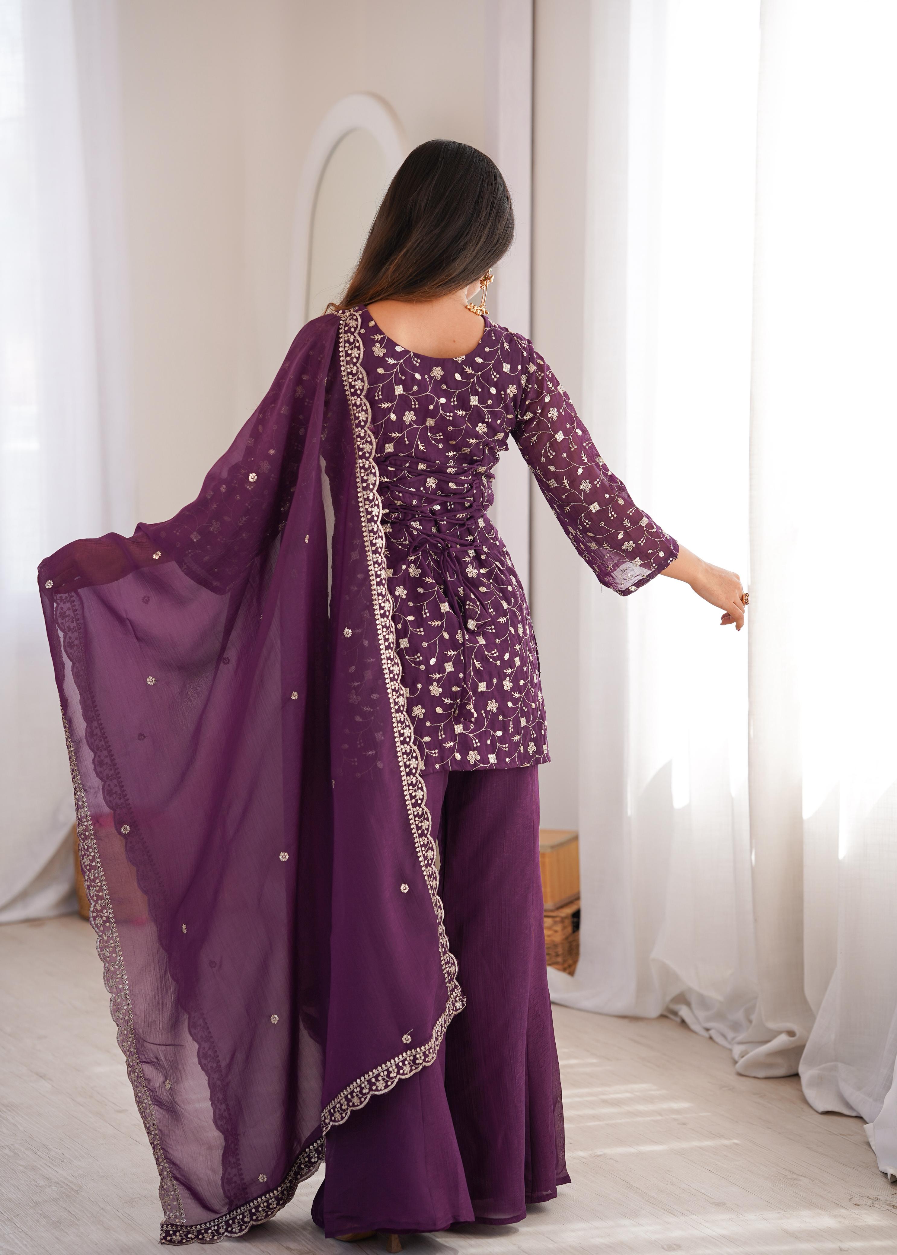 Wine Crunchy Silk Kurta Suit Set with Embroidery for Festive Occasions