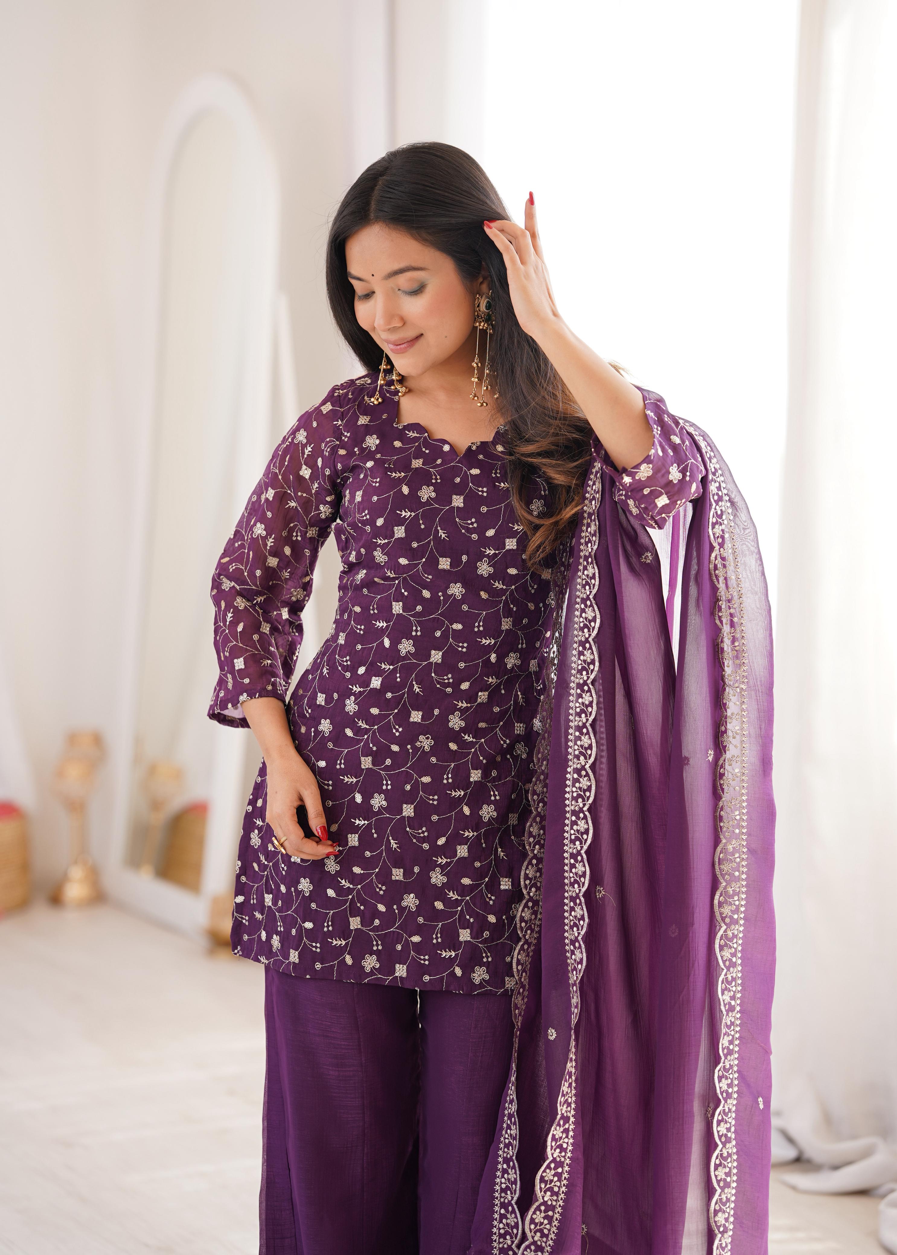 Wine Crunchy Silk Kurta Suit Set with Embroidery for Festive Occasions