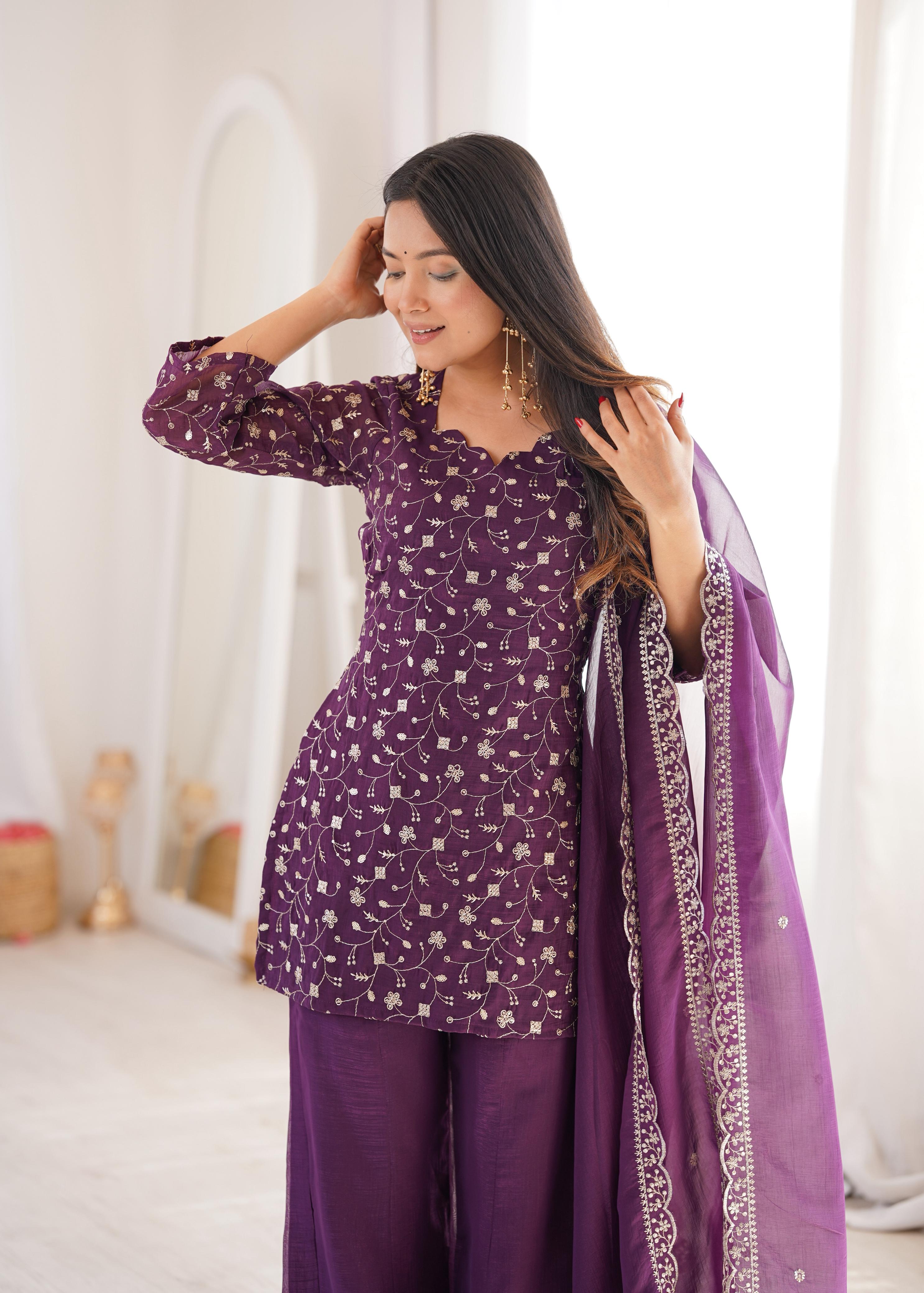Wine Crunchy Silk Kurta Suit Set with Embroidery for Festive Occasions
