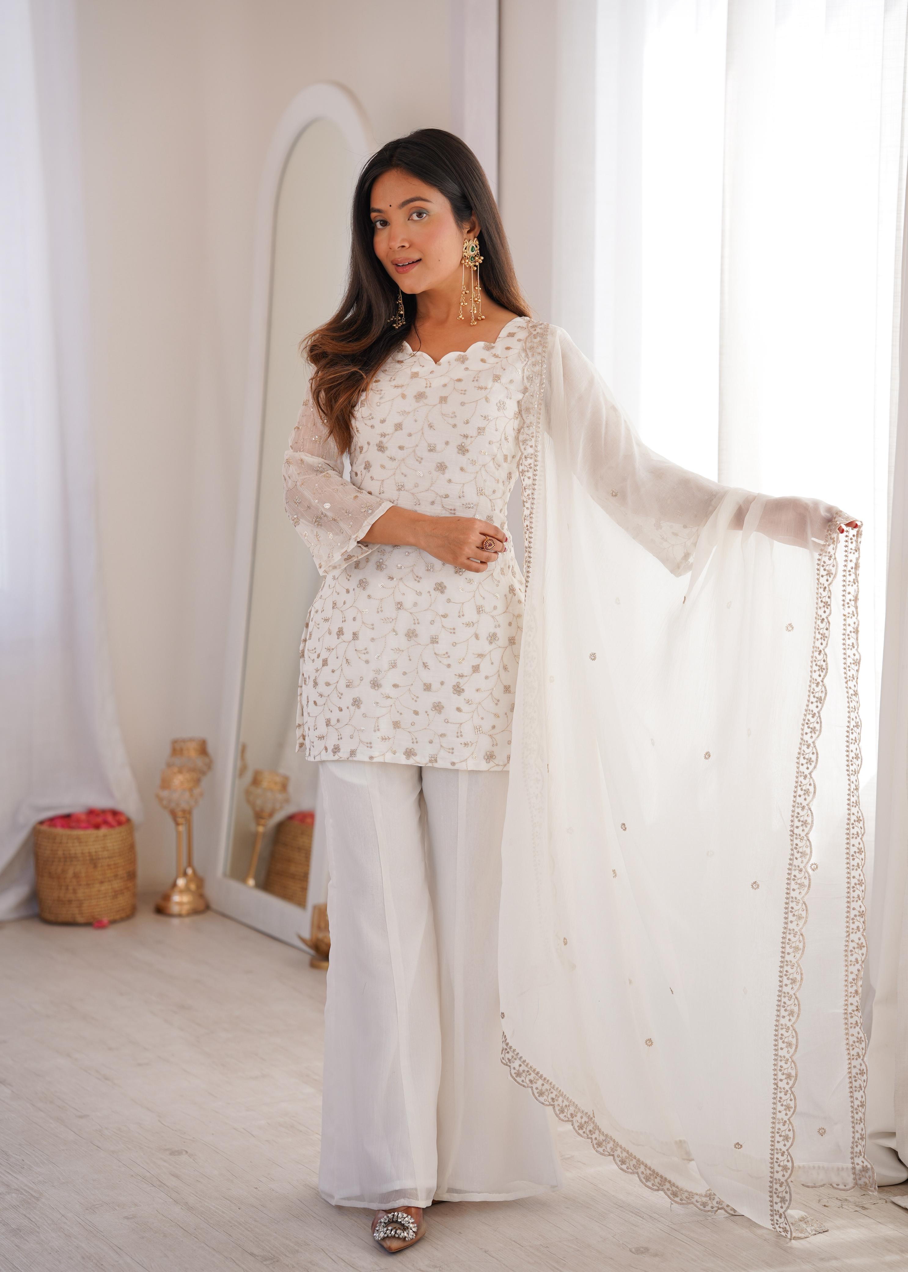 White Crunchy Silk Kurta Suit Set with Embroidery for Festive Occasions