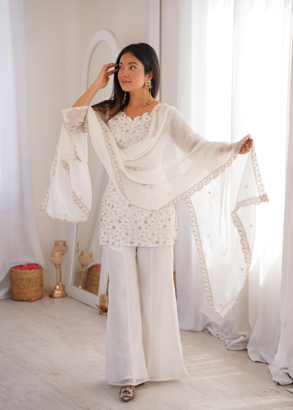 White Crunchy Silk Kurta Suit Set with Embroidery for Festive Occasions
