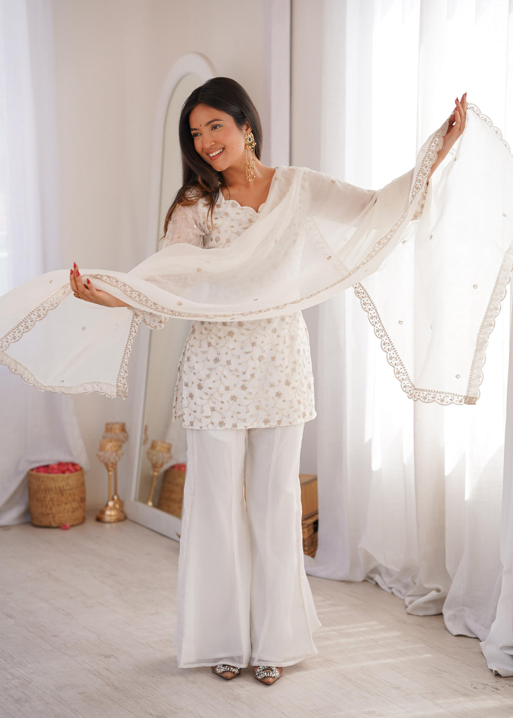 White Crunchy Silk Kurta Suit Set with Embroidery for Festive Occasions