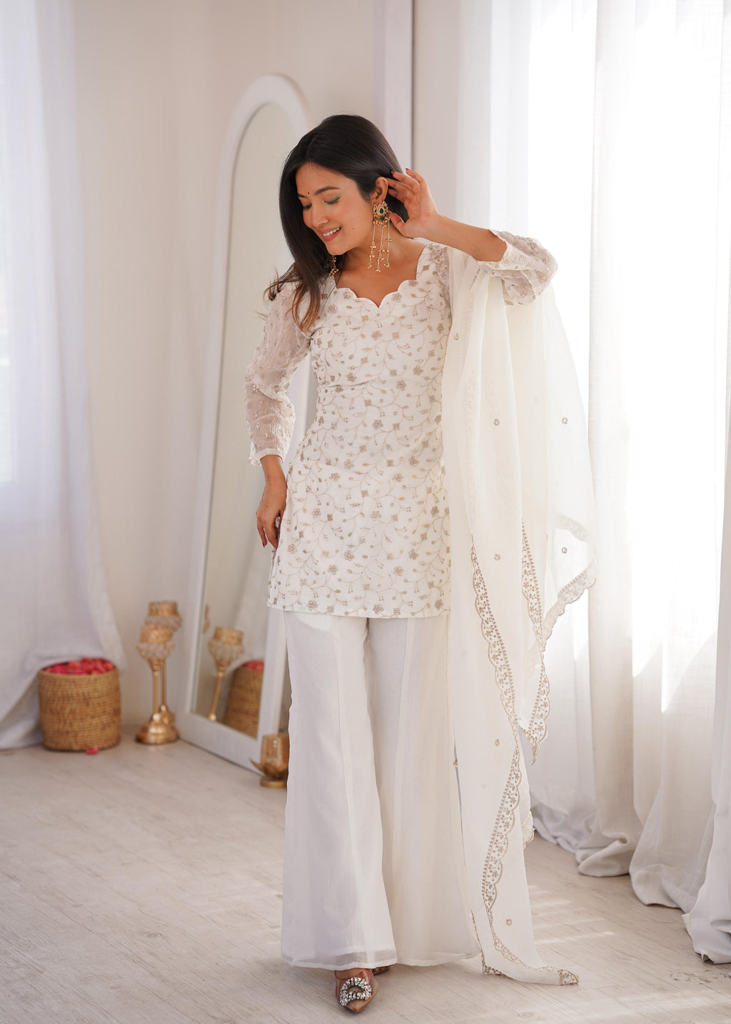White Crunchy Silk Kurta Suit Set with Embroidery for Festive Occasions