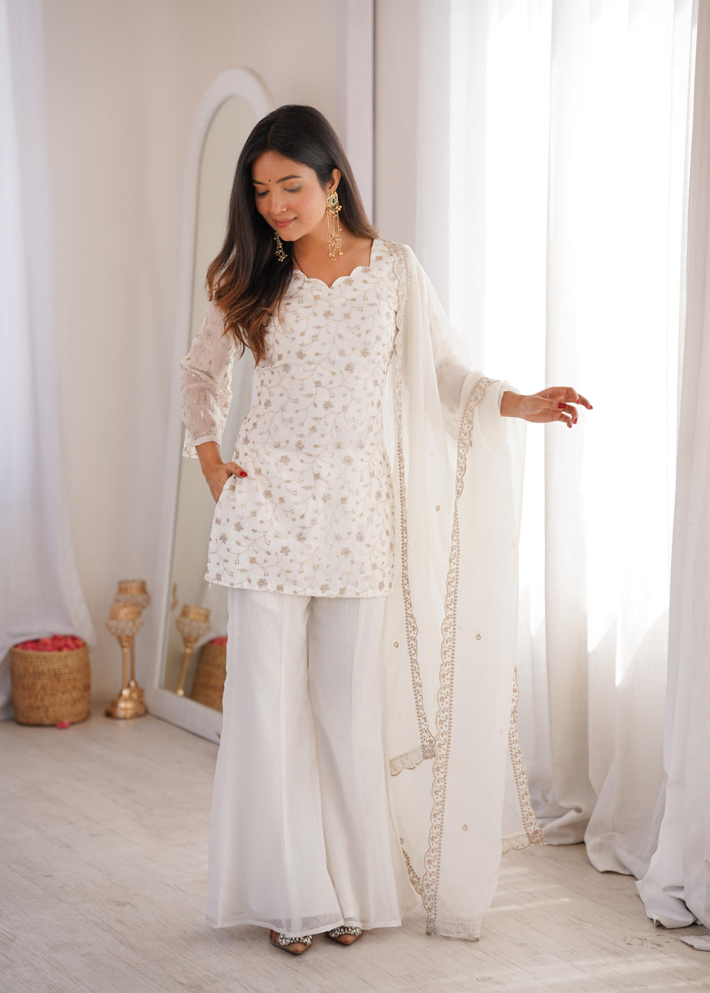 White Crunchy Silk Kurta Suit Set with Embroidery for Festive Occasions