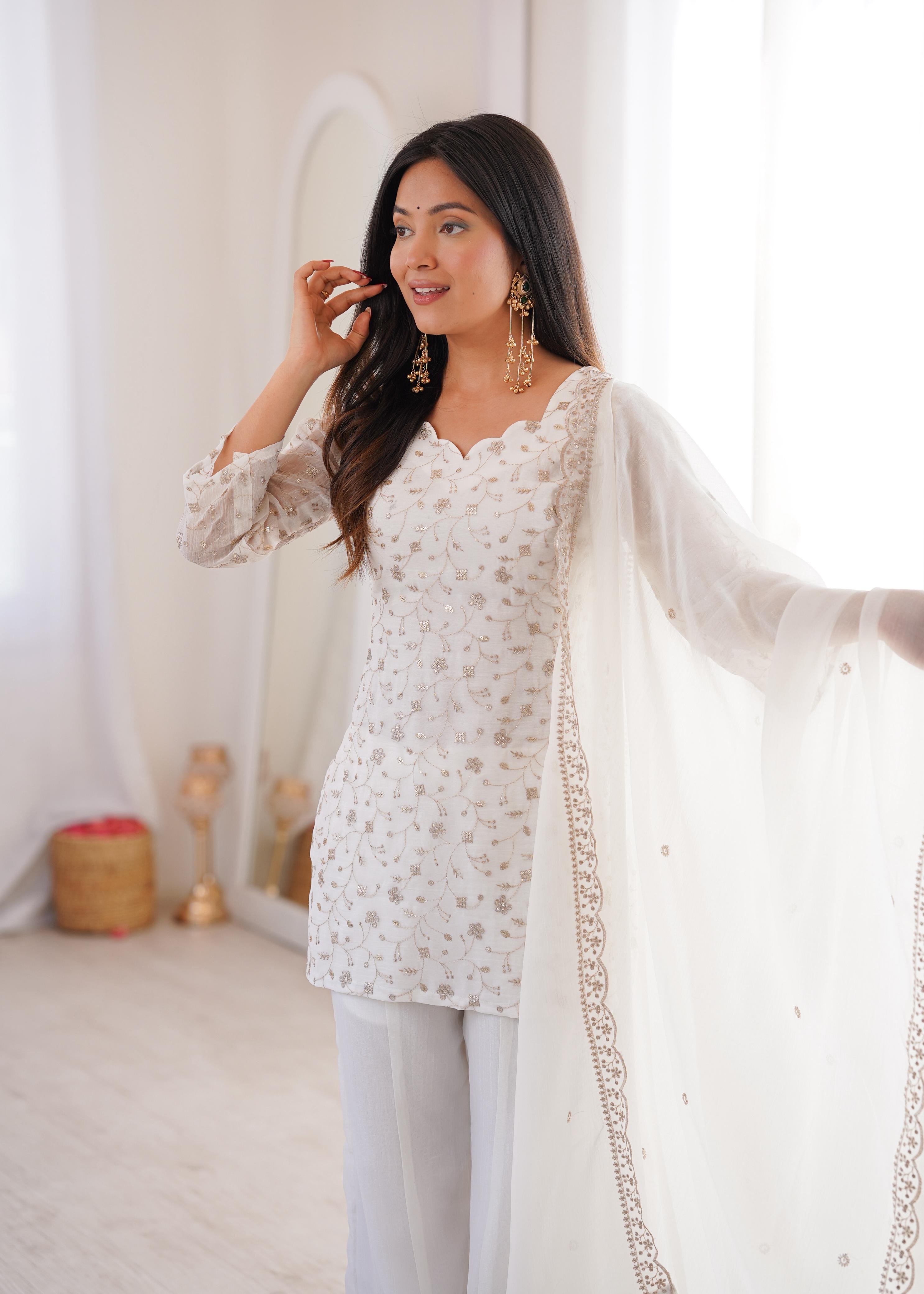 White Crunchy Silk Kurta Suit Set with Embroidery for Festive Occasions