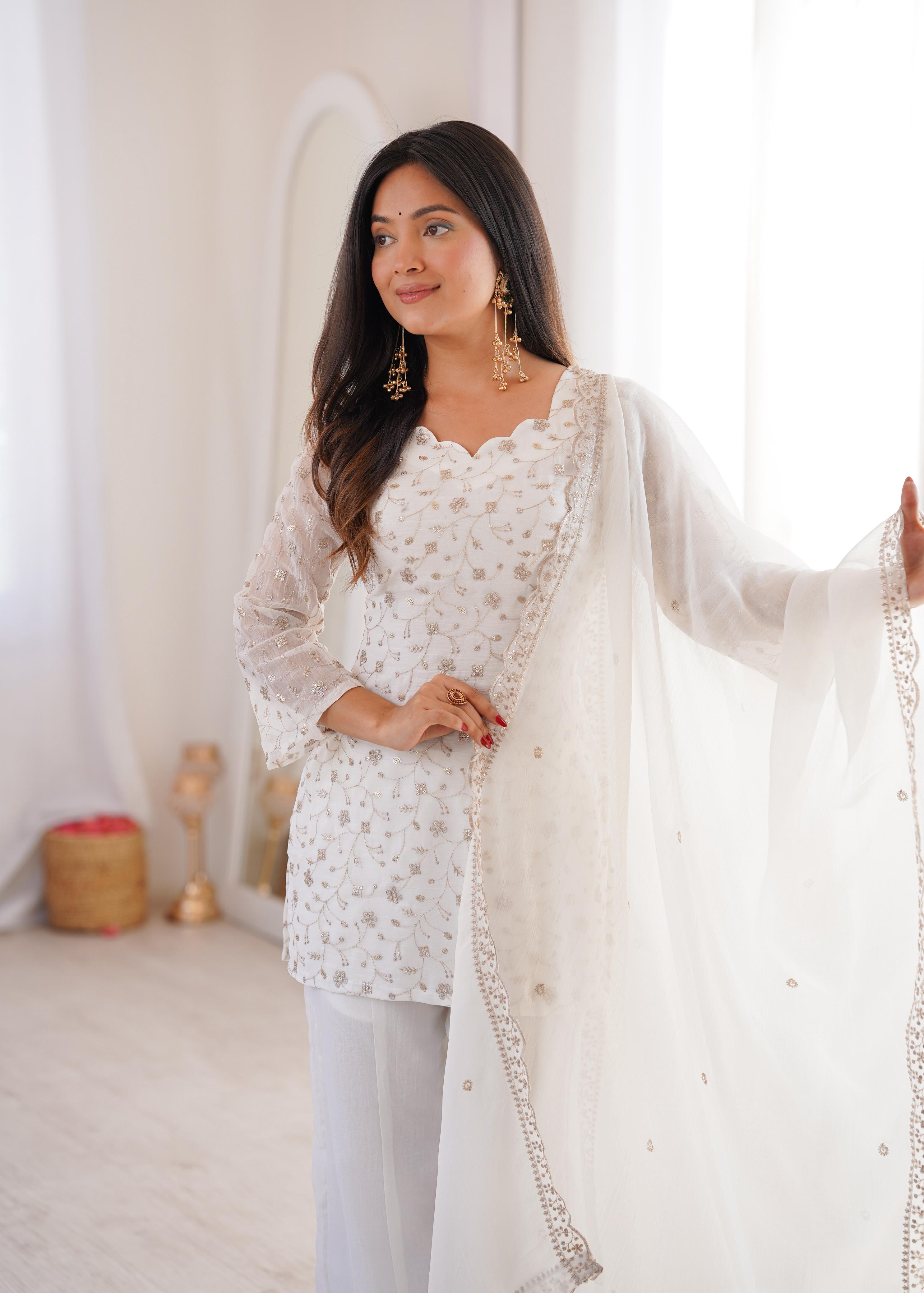 White Crunchy Silk Kurta Suit Set with Embroidery for Festive Occasions