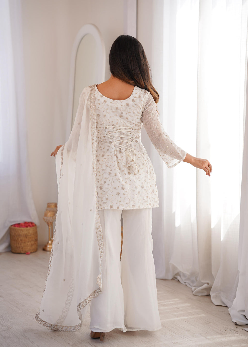 White Crunchy Silk Kurta Suit Set with Embroidery for Festive Occasions