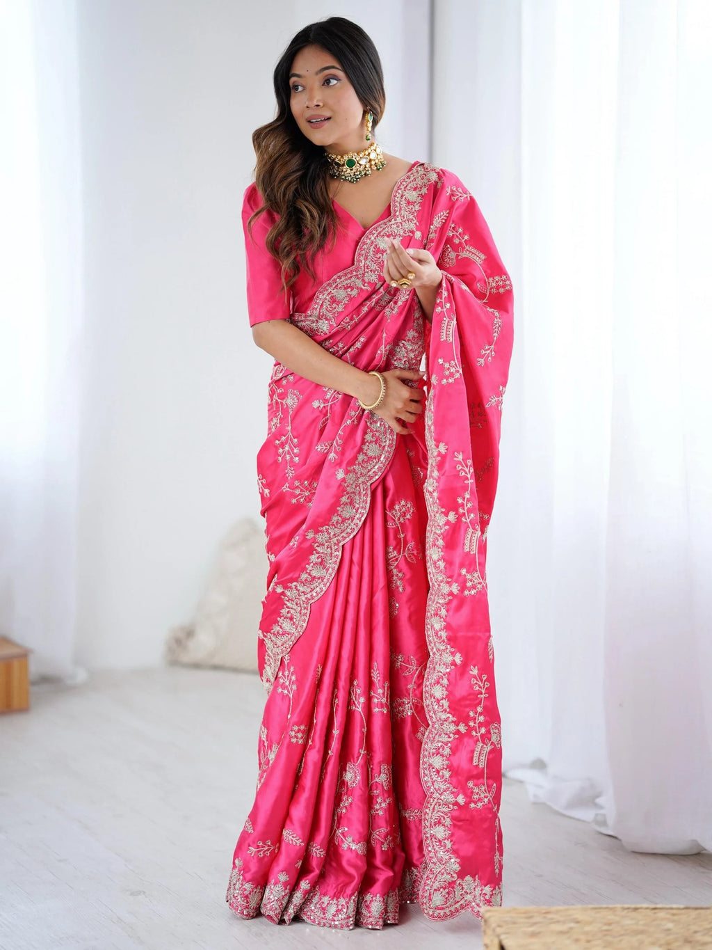 Breathtaking Pink Coding Work Satin Engagement Wear Saree With Blouse