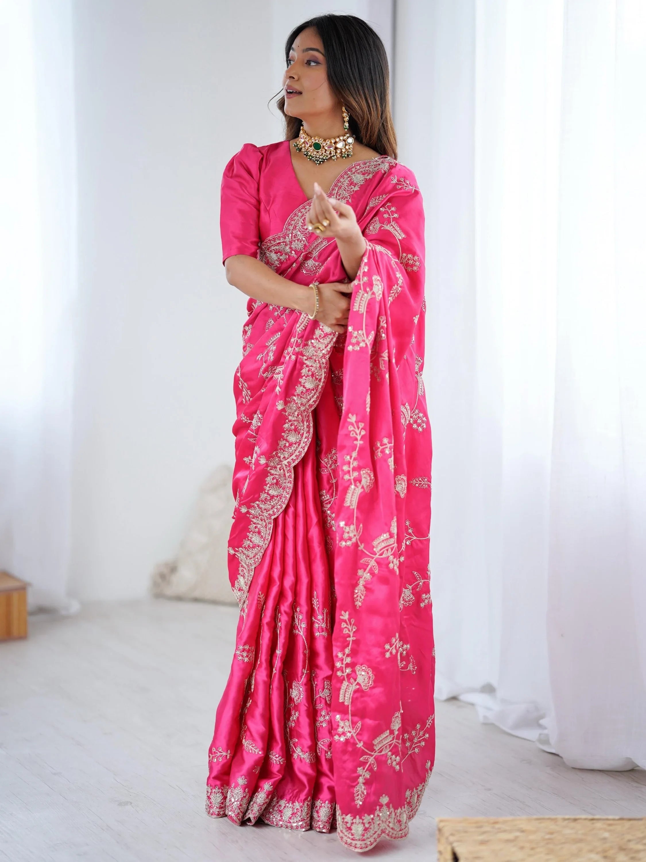 Breathtaking Pink Coding Work Satin Engagement Wear Saree With Blouse