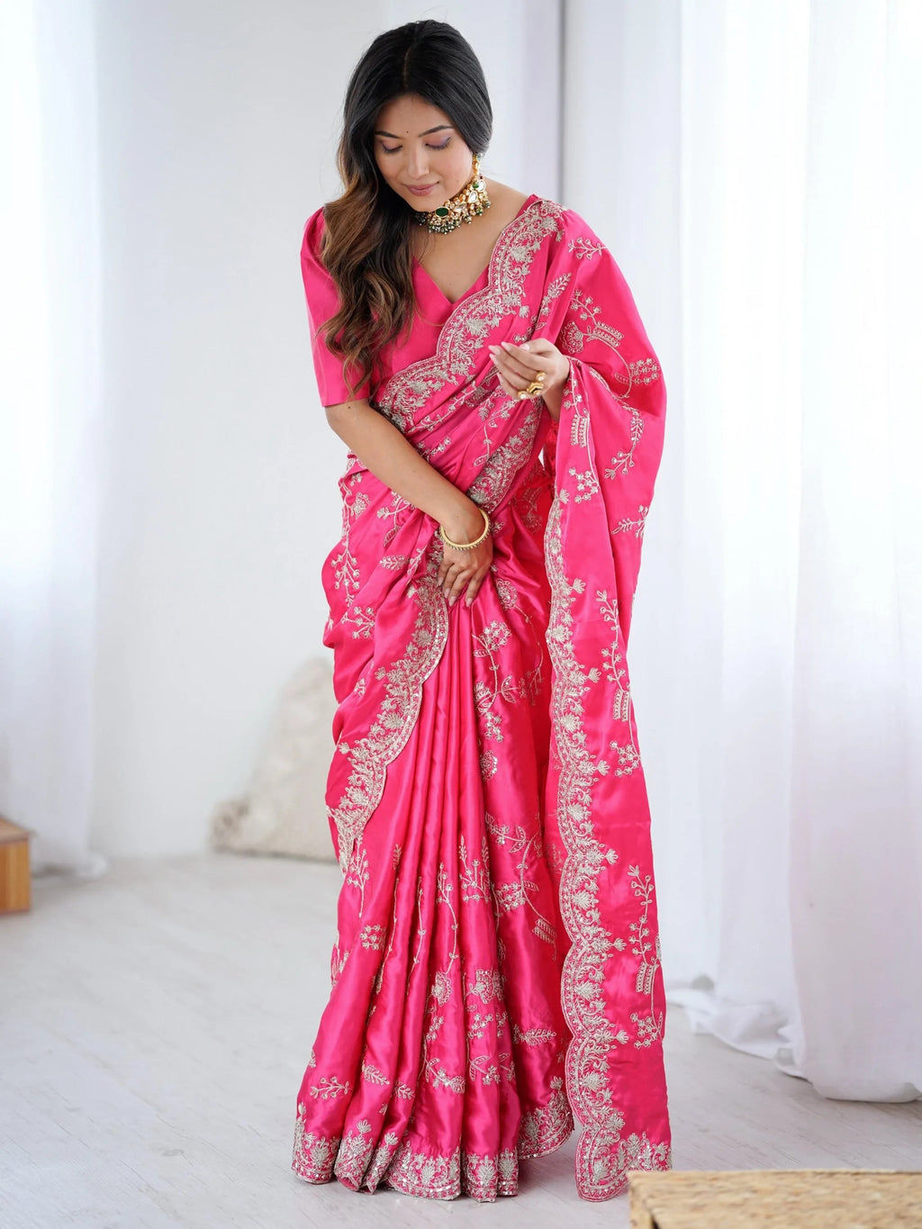 Breathtaking Pink Coding Work Satin Engagement Wear Saree With Blouse
