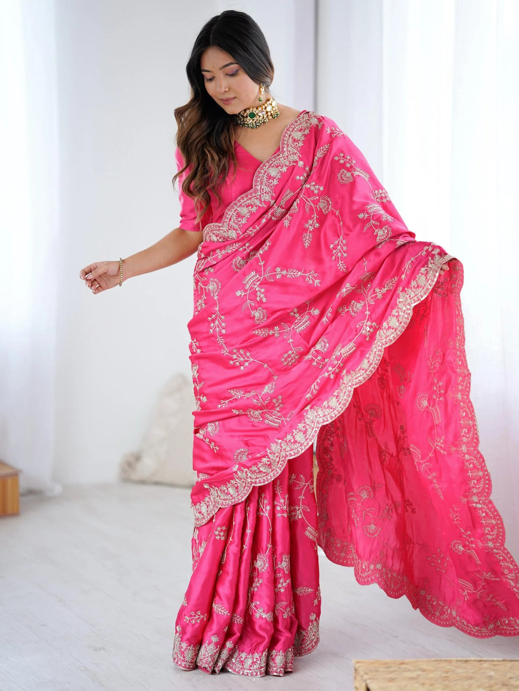 Breathtaking Pink Coding Work Satin Engagement Wear Saree With Blouse