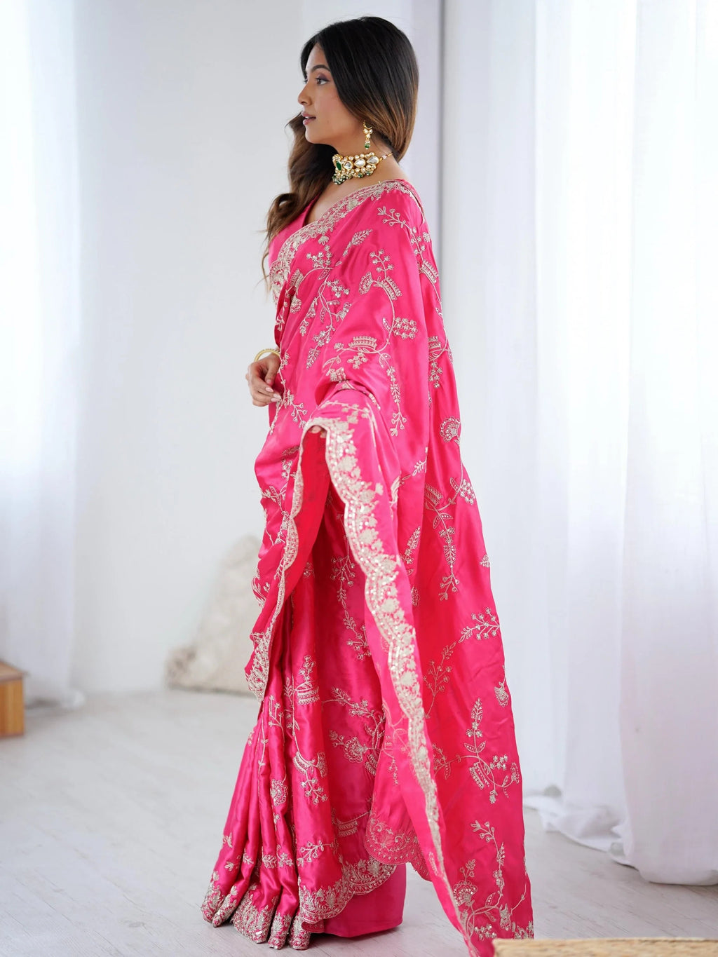 Breathtaking Pink Coding Work Satin Engagement Wear Saree With Blouse