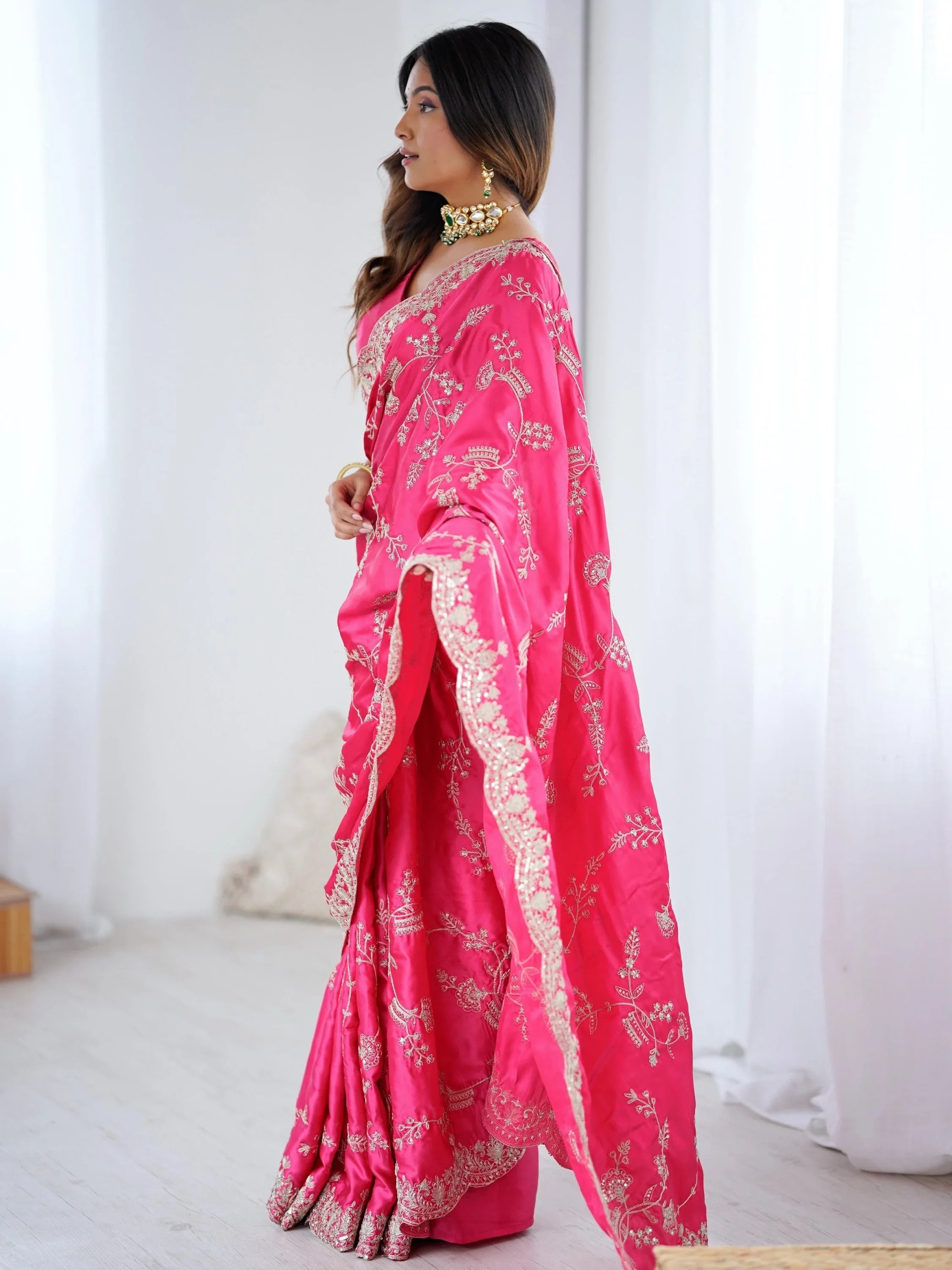 Breathtaking Pink Coding Work Satin Engagement Wear Saree With Blouse
