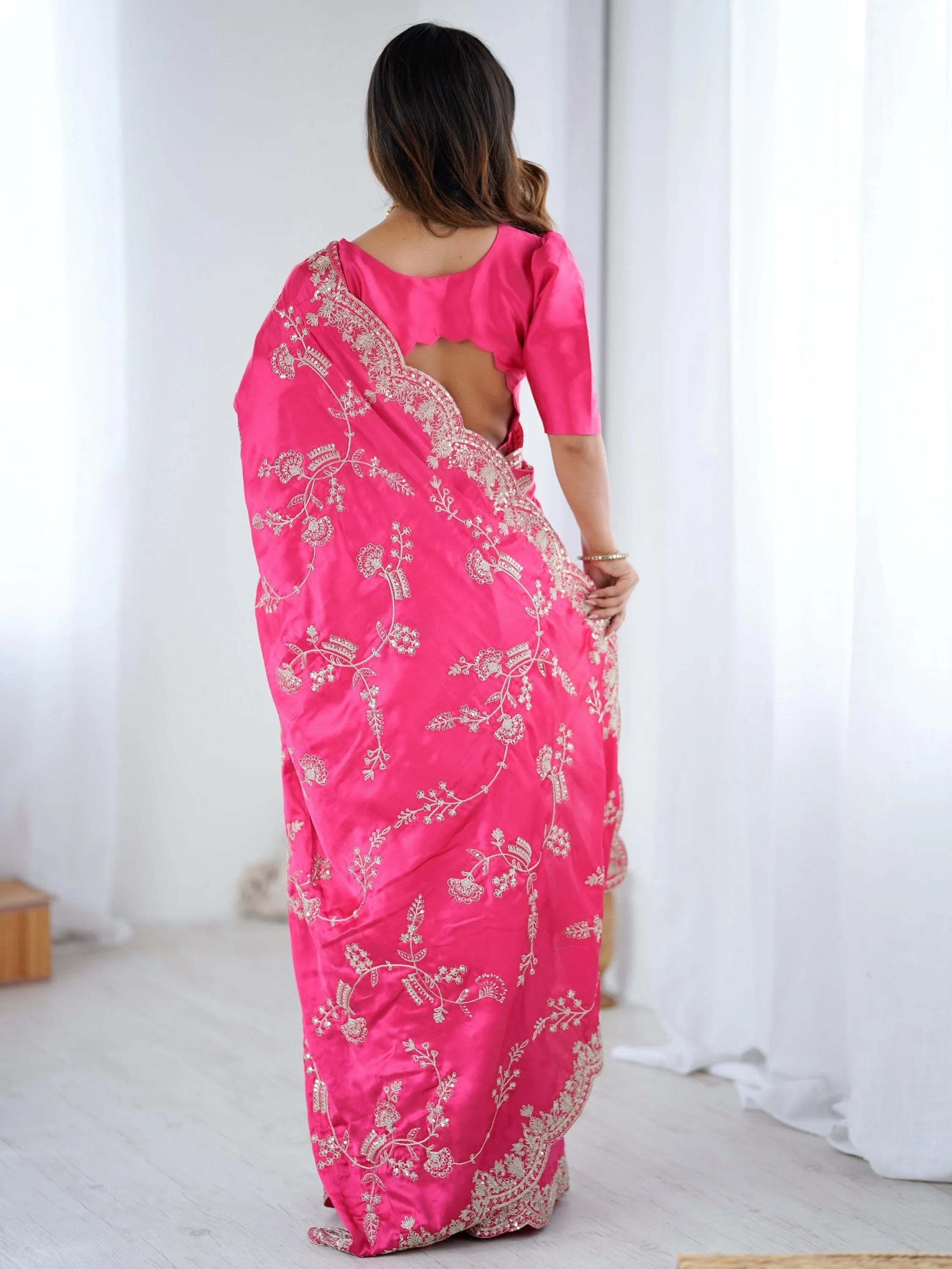 Breathtaking Pink Coding Work Satin Engagement Wear Saree With Blouse