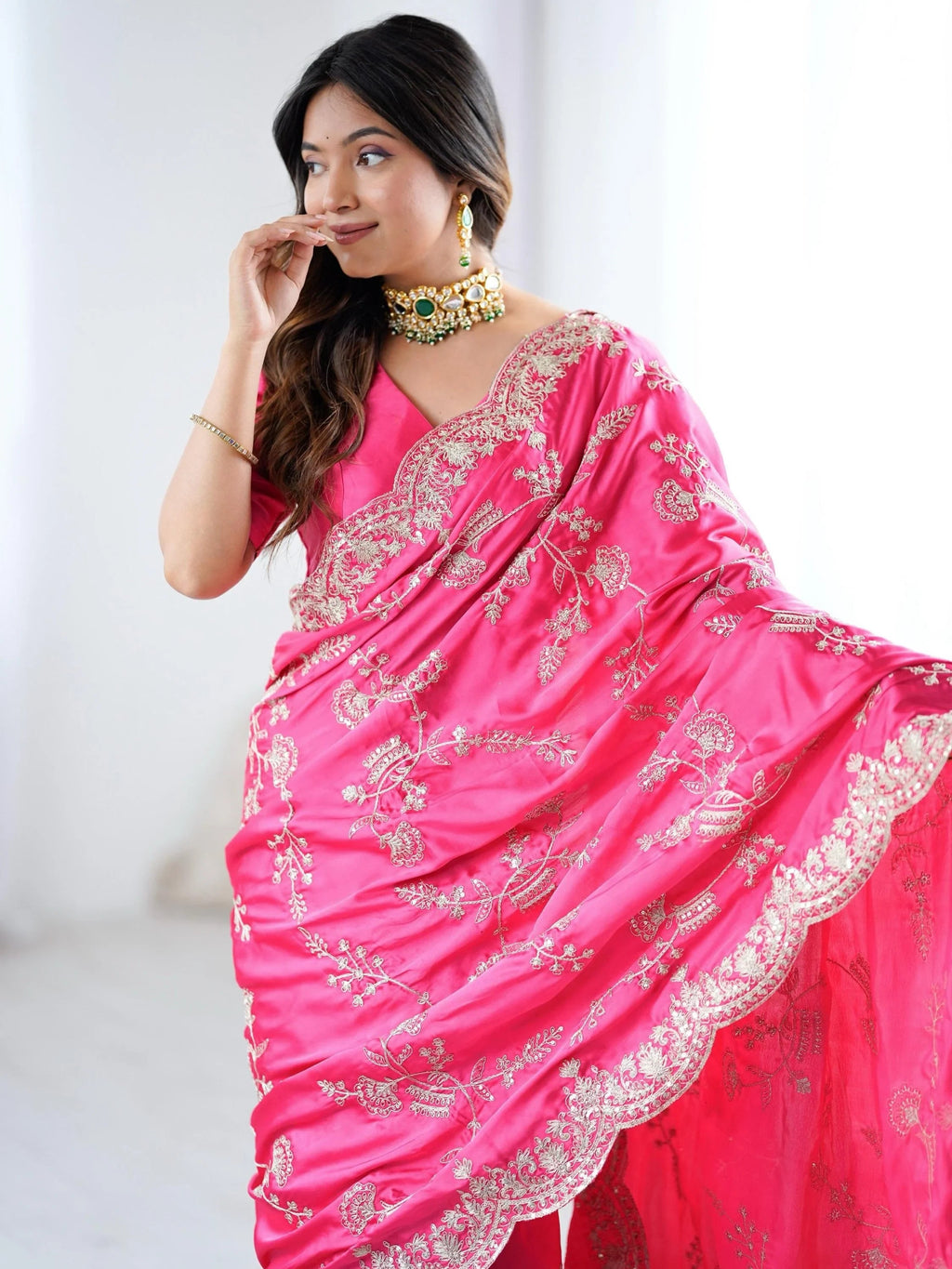 Breathtaking Pink Coding Work Satin Engagement Wear Saree With Blouse