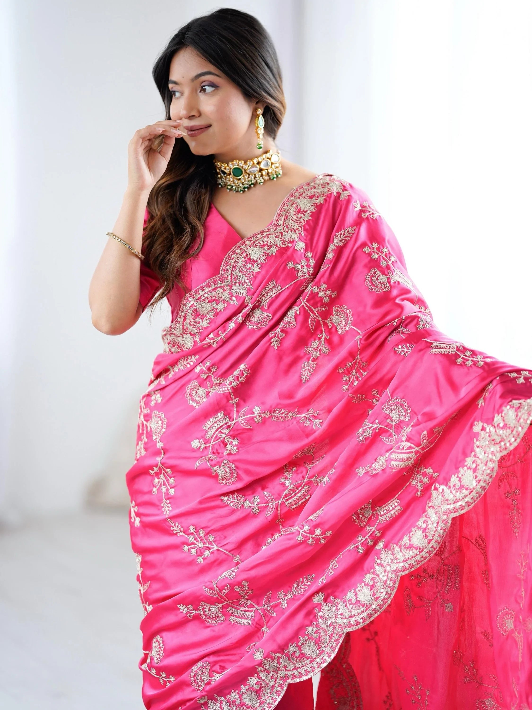 Breathtaking Pink Coding Work Satin Engagement Wear Saree With Blouse