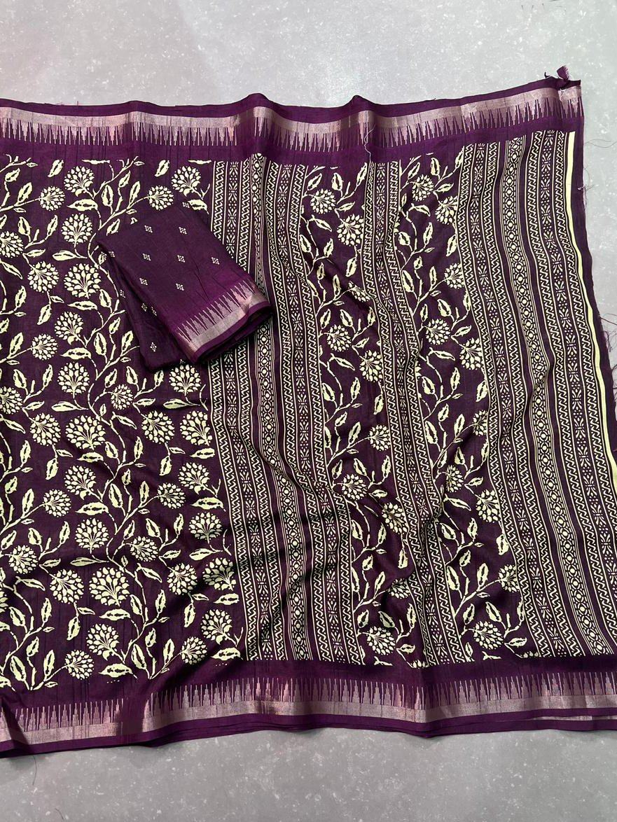 Wine Majestic Floral Printed Silk Casual Wear Saree With Blouse