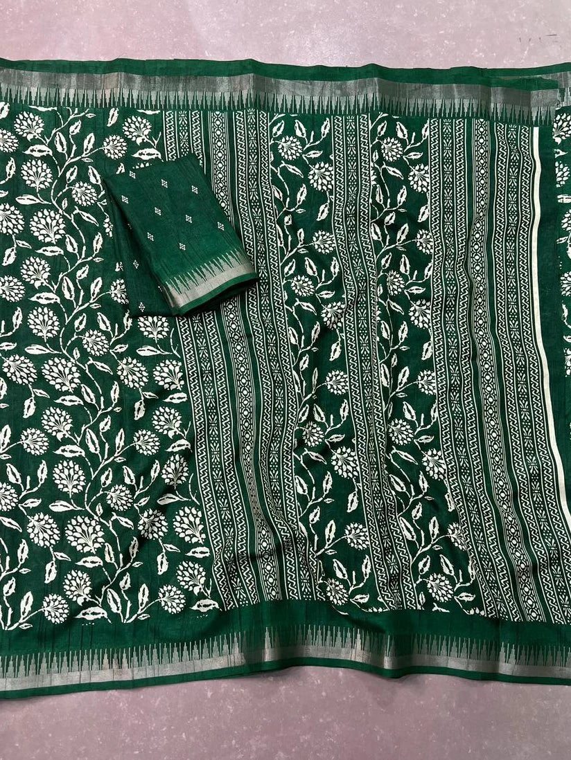 Green Majestic Floral Printed Silk Casual Wear Saree With Blouse