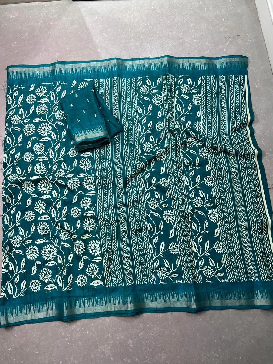 Teal Majestic Floral Printed Silk Casual Wear Saree With Blouse
