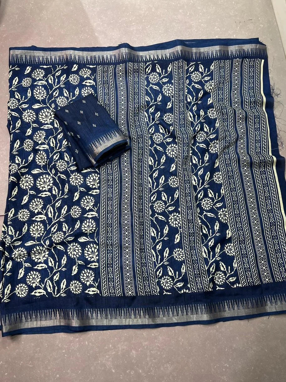 Navy Majestic Floral Printed Silk Casual Wear Saree With Blouse