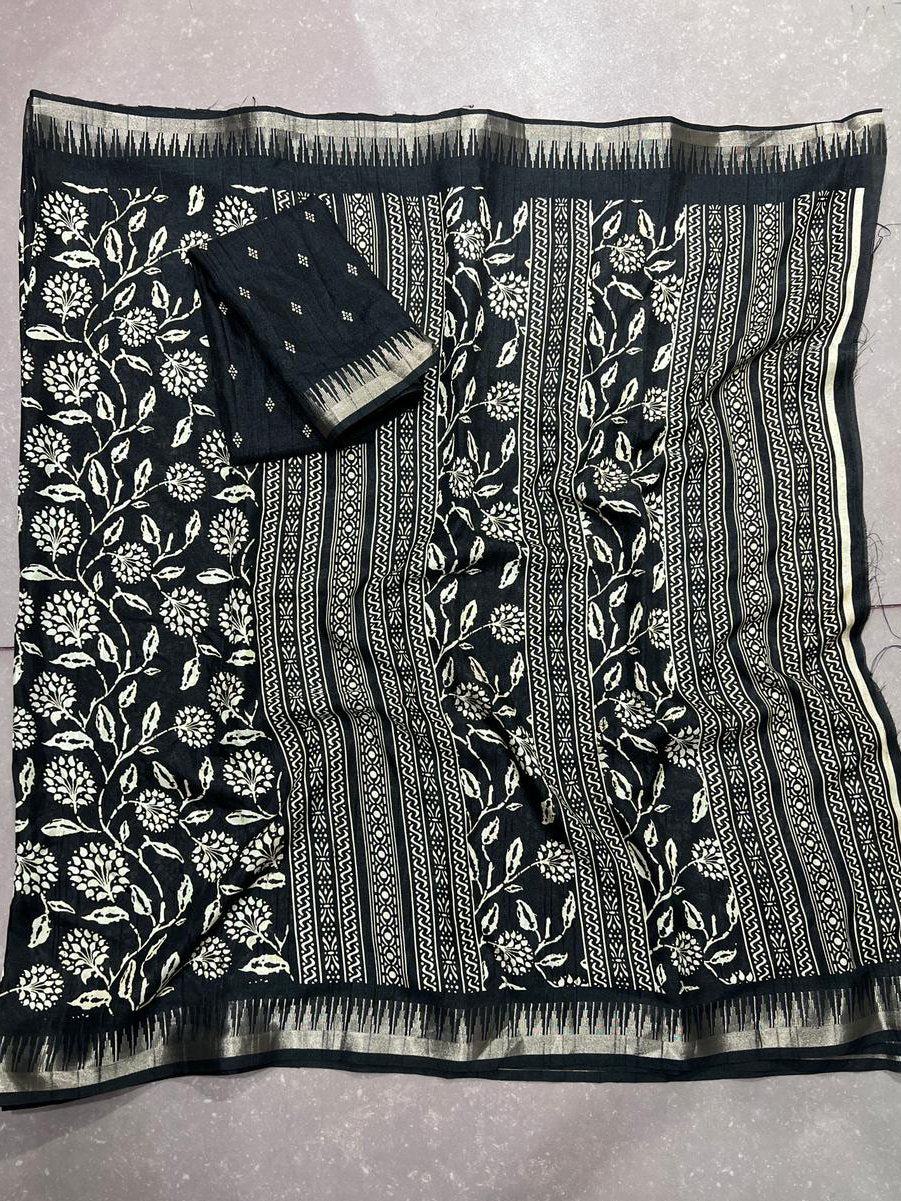 Black Majestic Floral Printed Silk Casual Wear Saree With Blouse