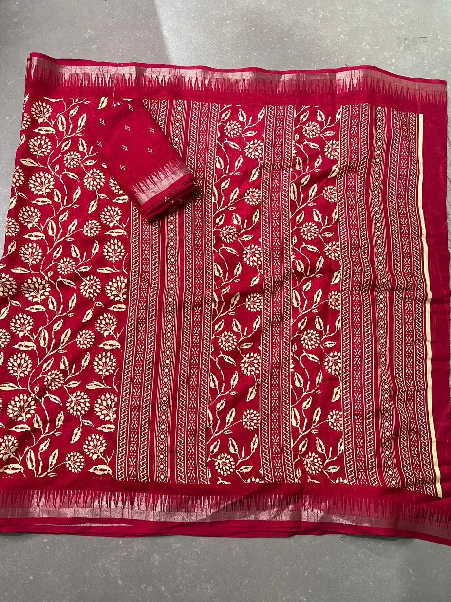 Red Majestic Floral Printed Silk Casual Wear Saree With Blouse