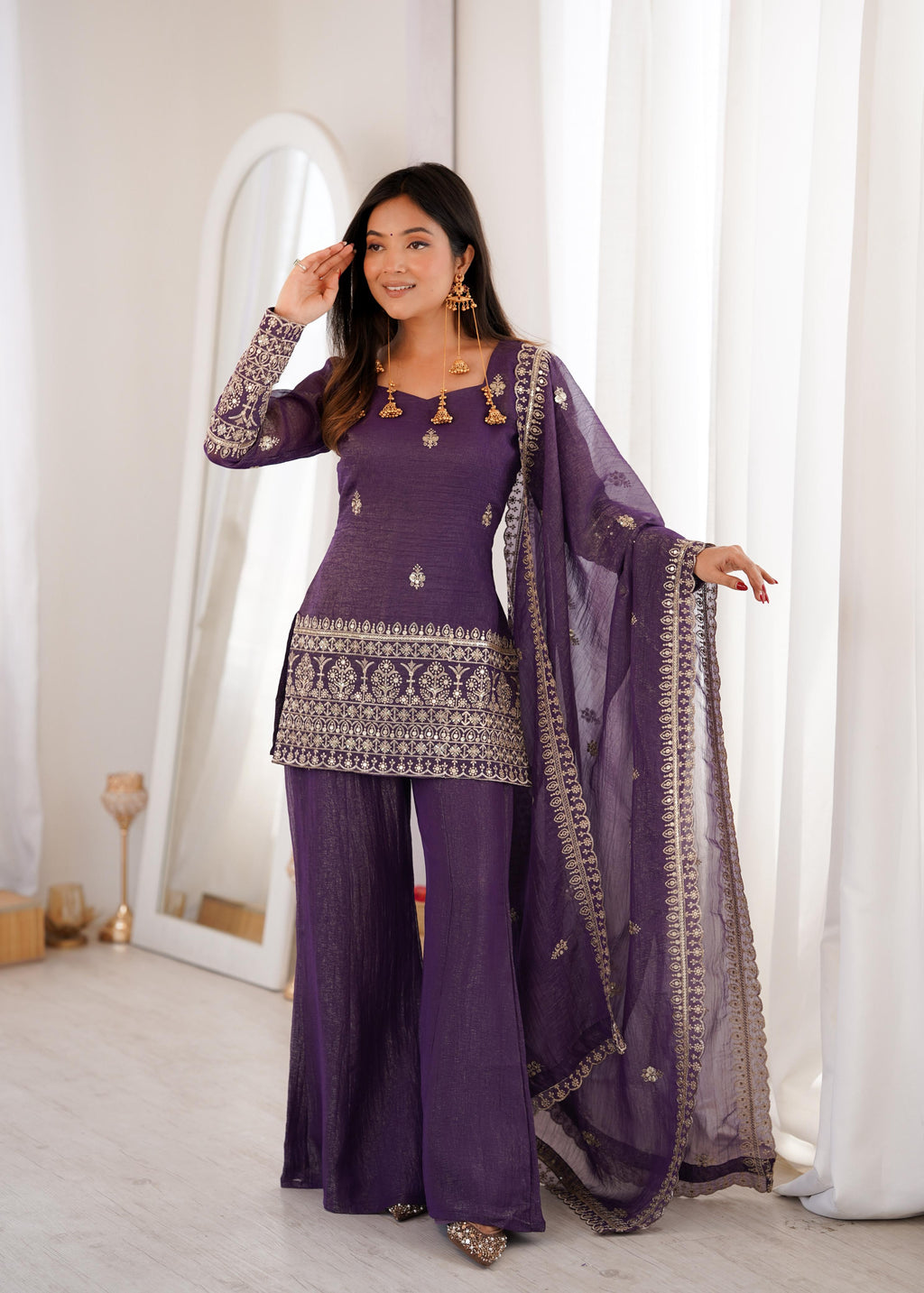 Mauve Crunchy Silk Kurta Suit Set With Embroidery Work