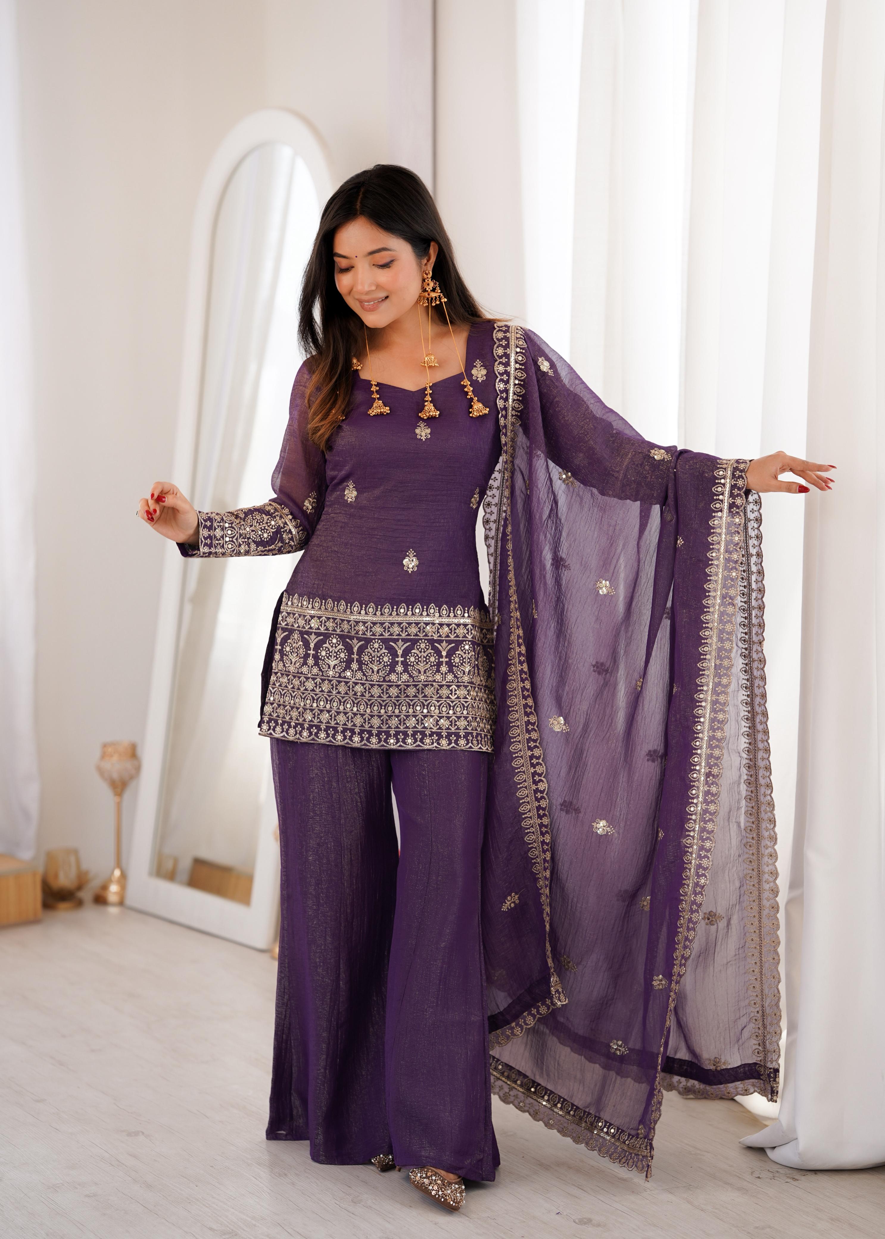Mauve Crunchy Silk Kurta Suit Set With Embroidery Work