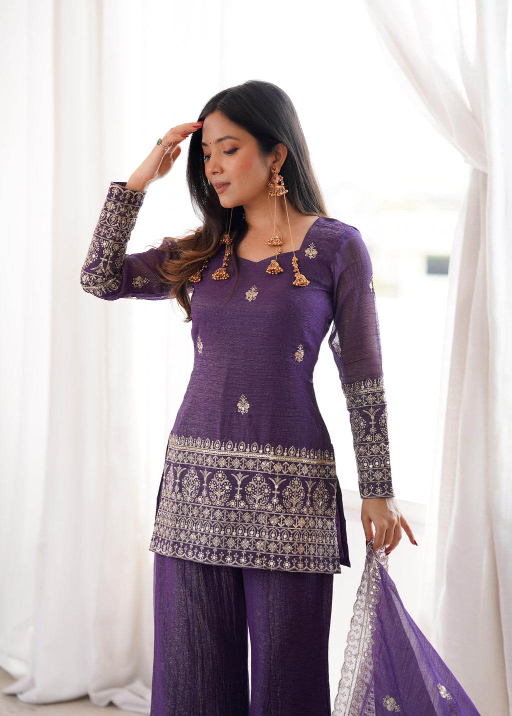 Mauve Crunchy Silk Kurta Suit Set With Embroidery Work