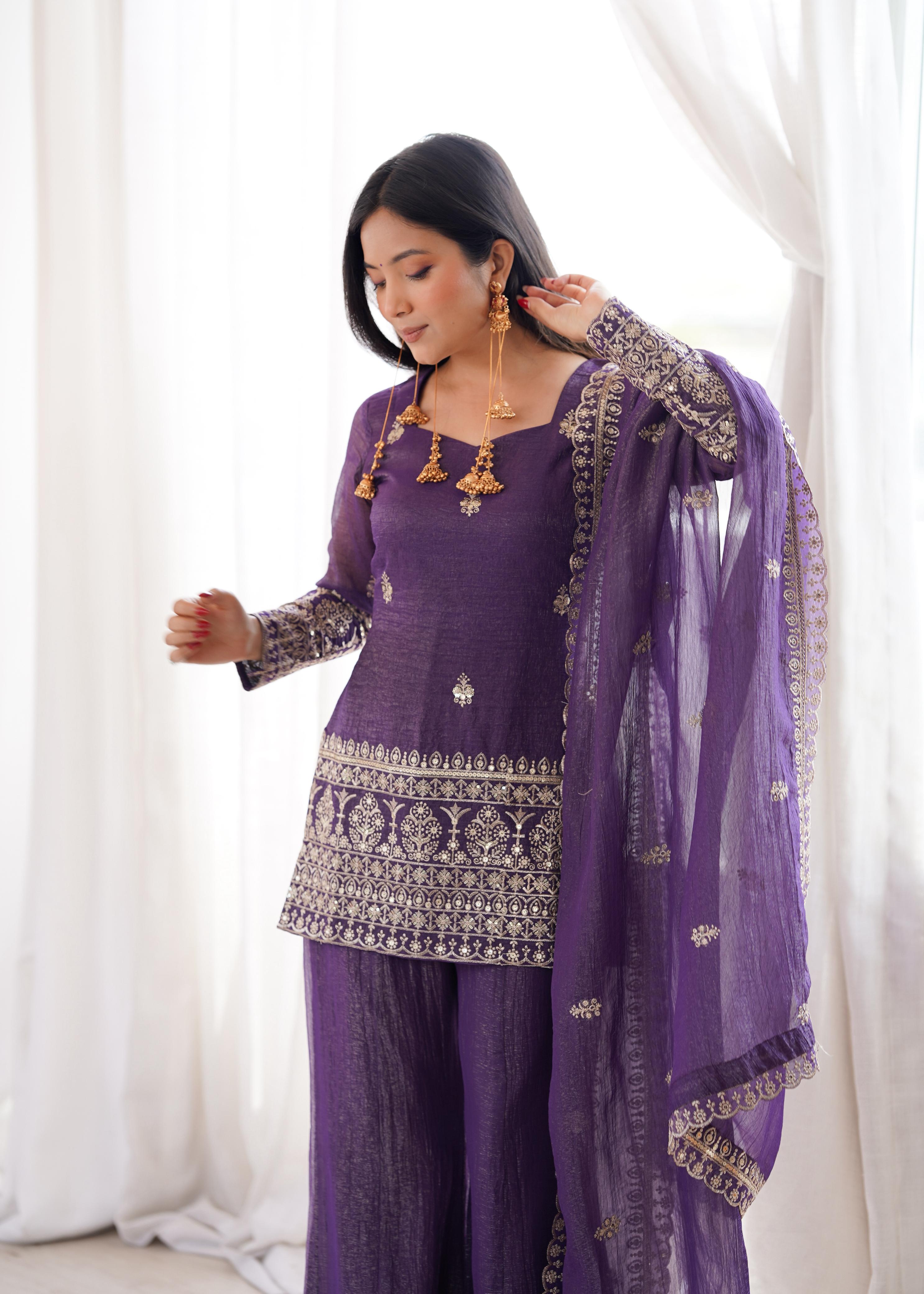 Mauve Crunchy Silk Kurta Suit Set With Embroidery Work