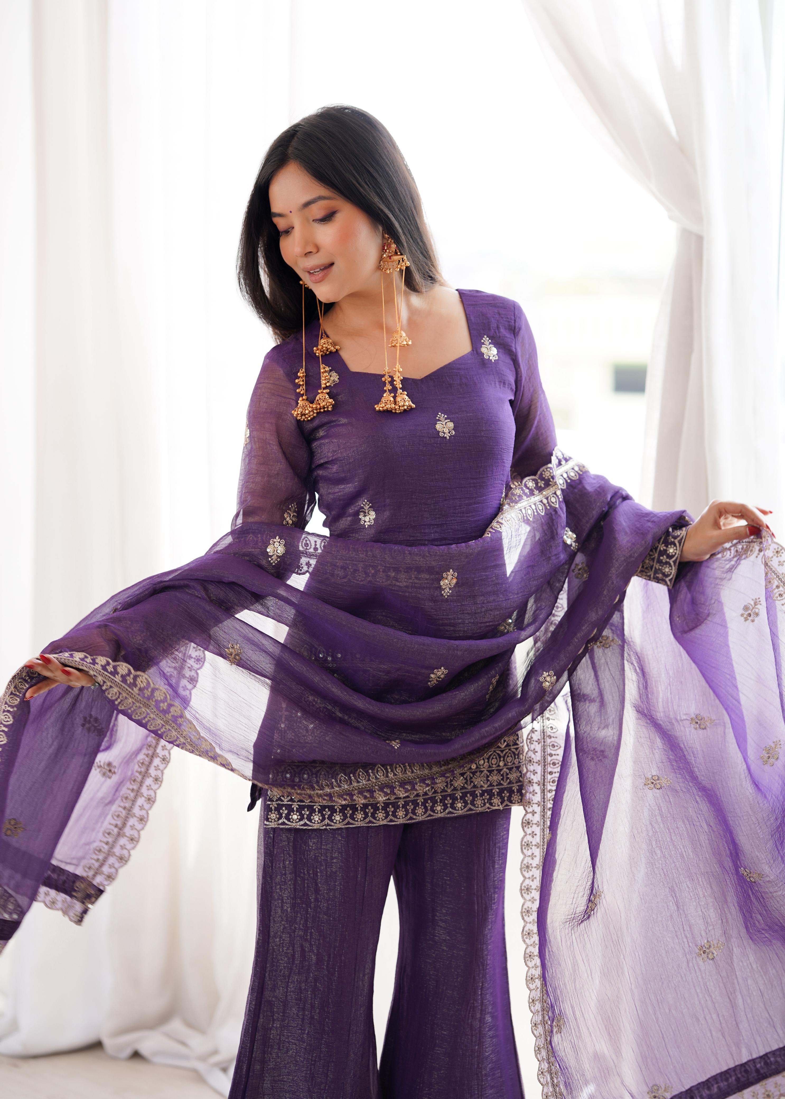 Mauve Crunchy Silk Kurta Suit Set With Embroidery Work