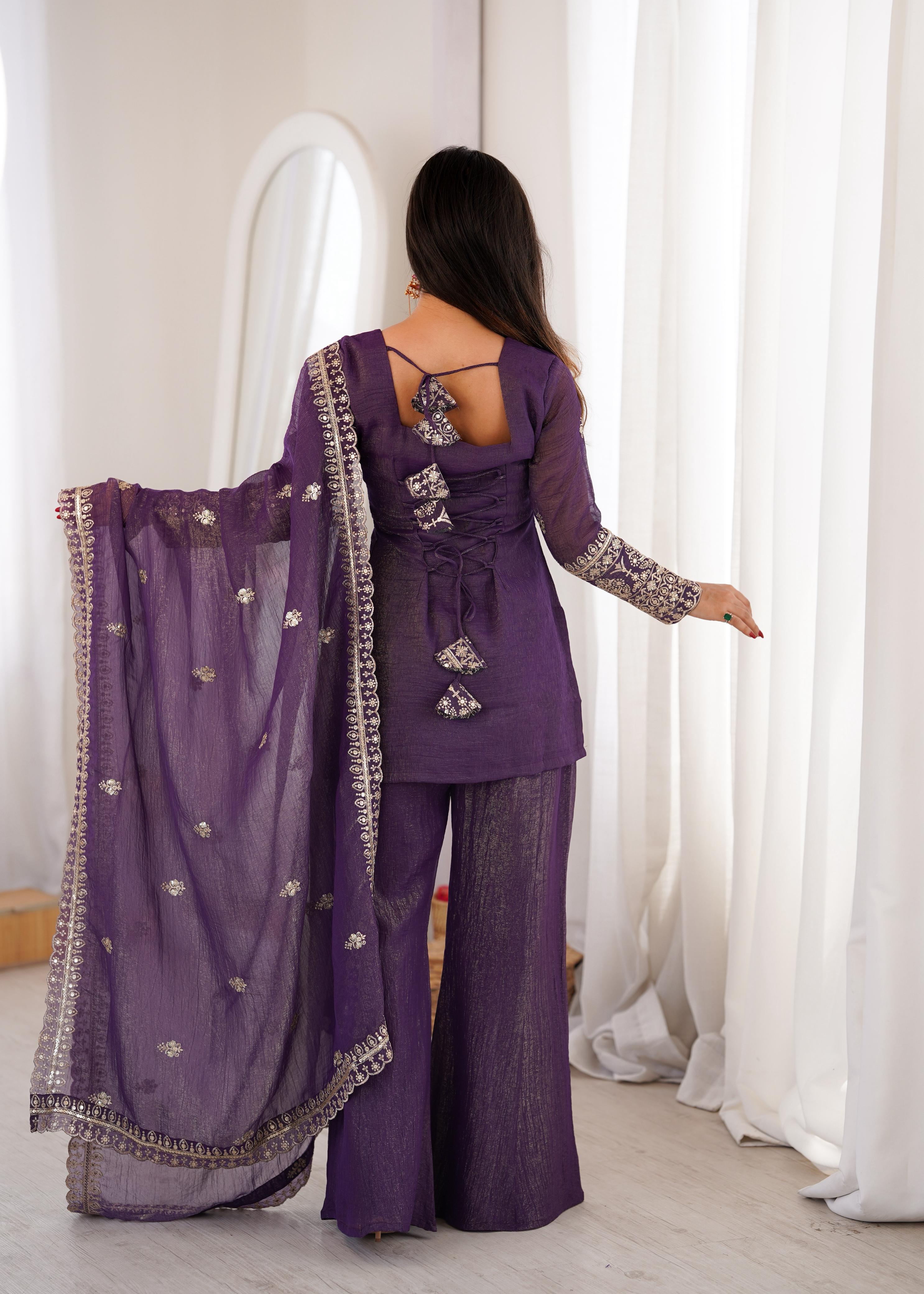 Mauve Crunchy Silk Kurta Suit Set With Embroidery Work
