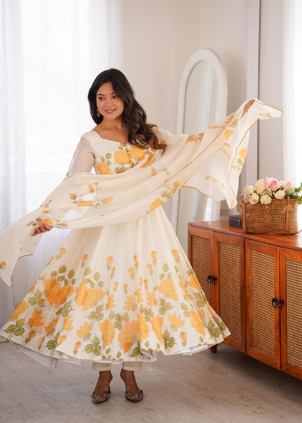 White Soft Organza Silk Anarkali Suit Set With Floral Print