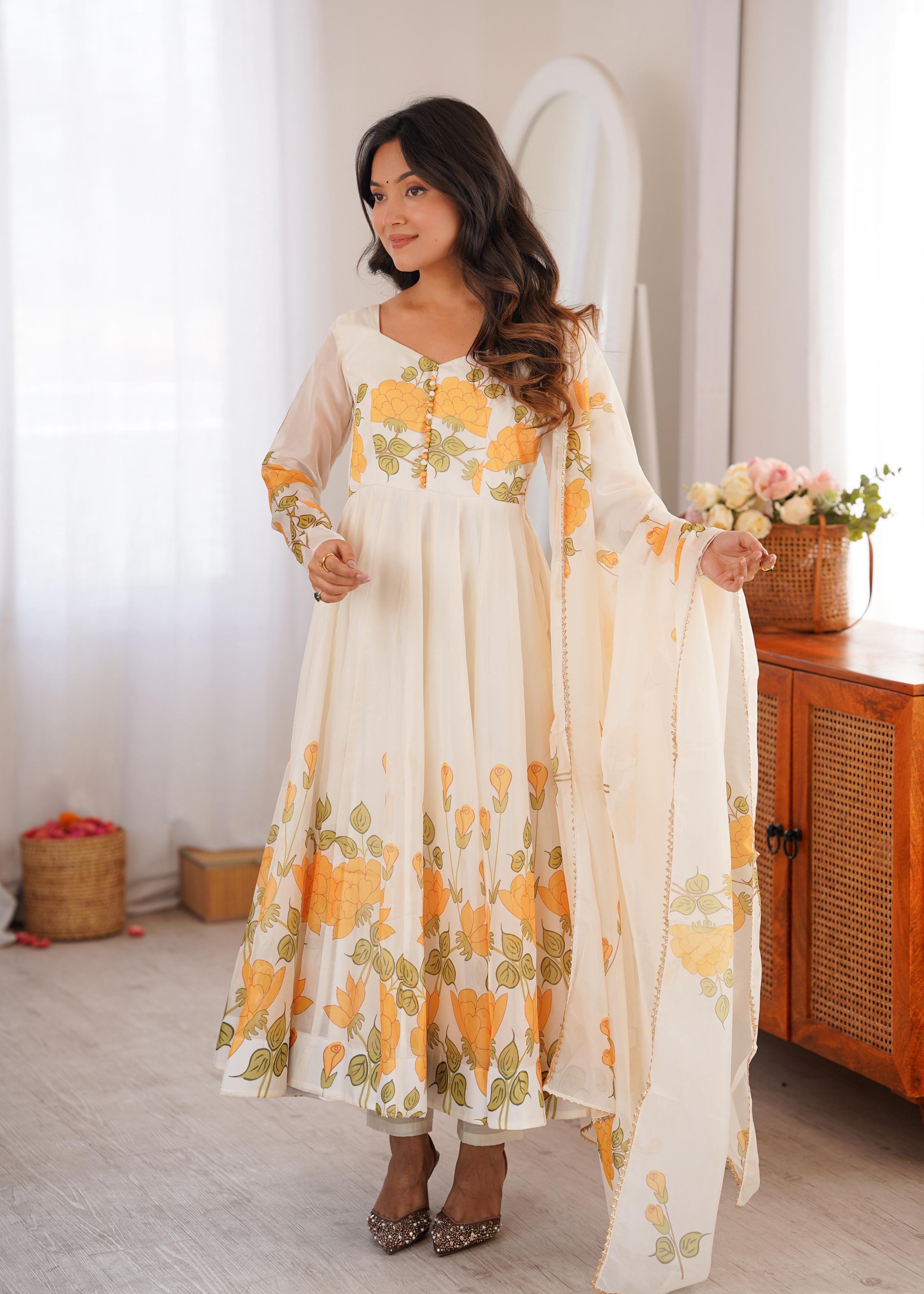 White Soft Organza Silk Anarkali Suit Set With Floral Print