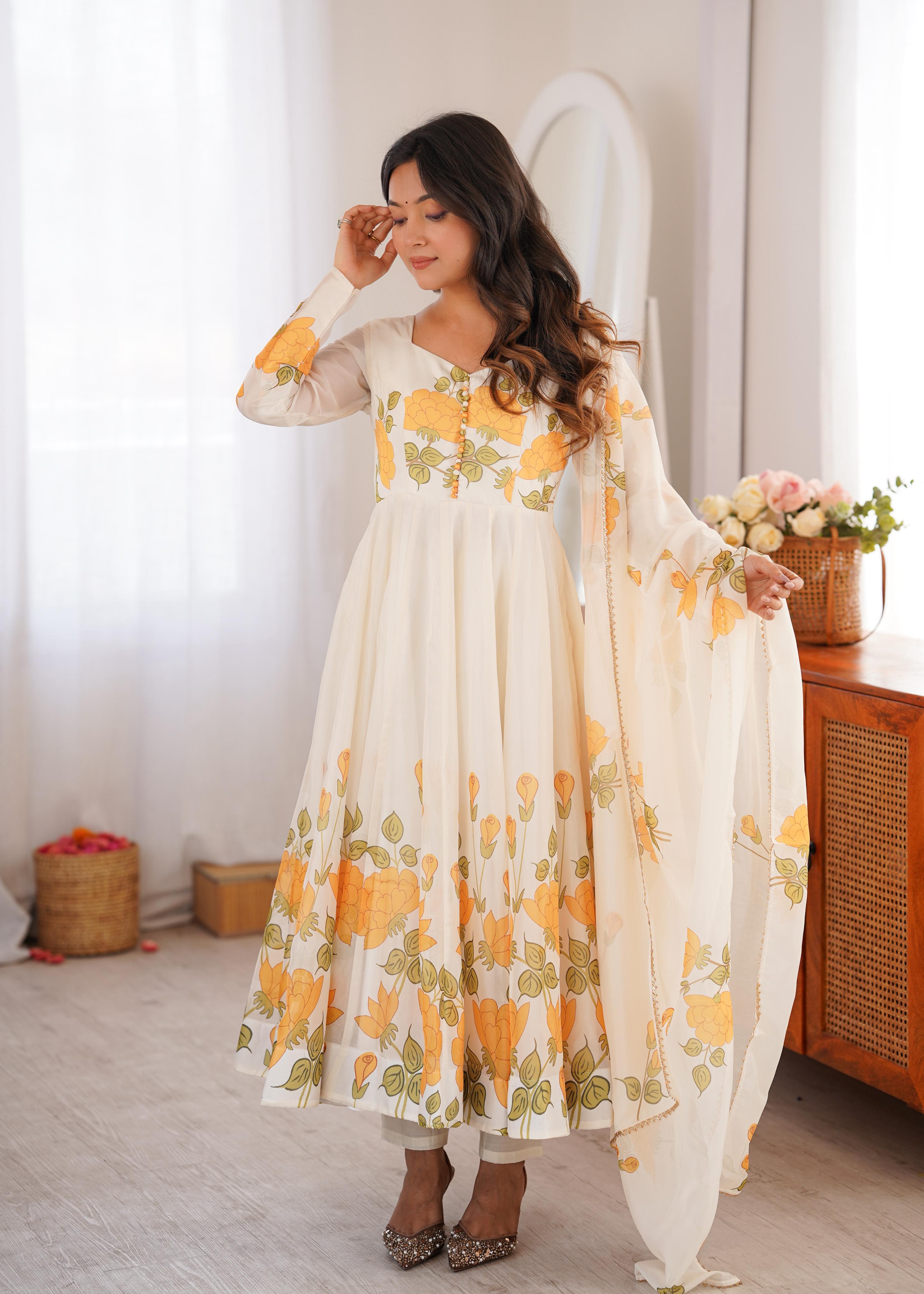 White Soft Organza Silk Anarkali Suit Set With Floral Print