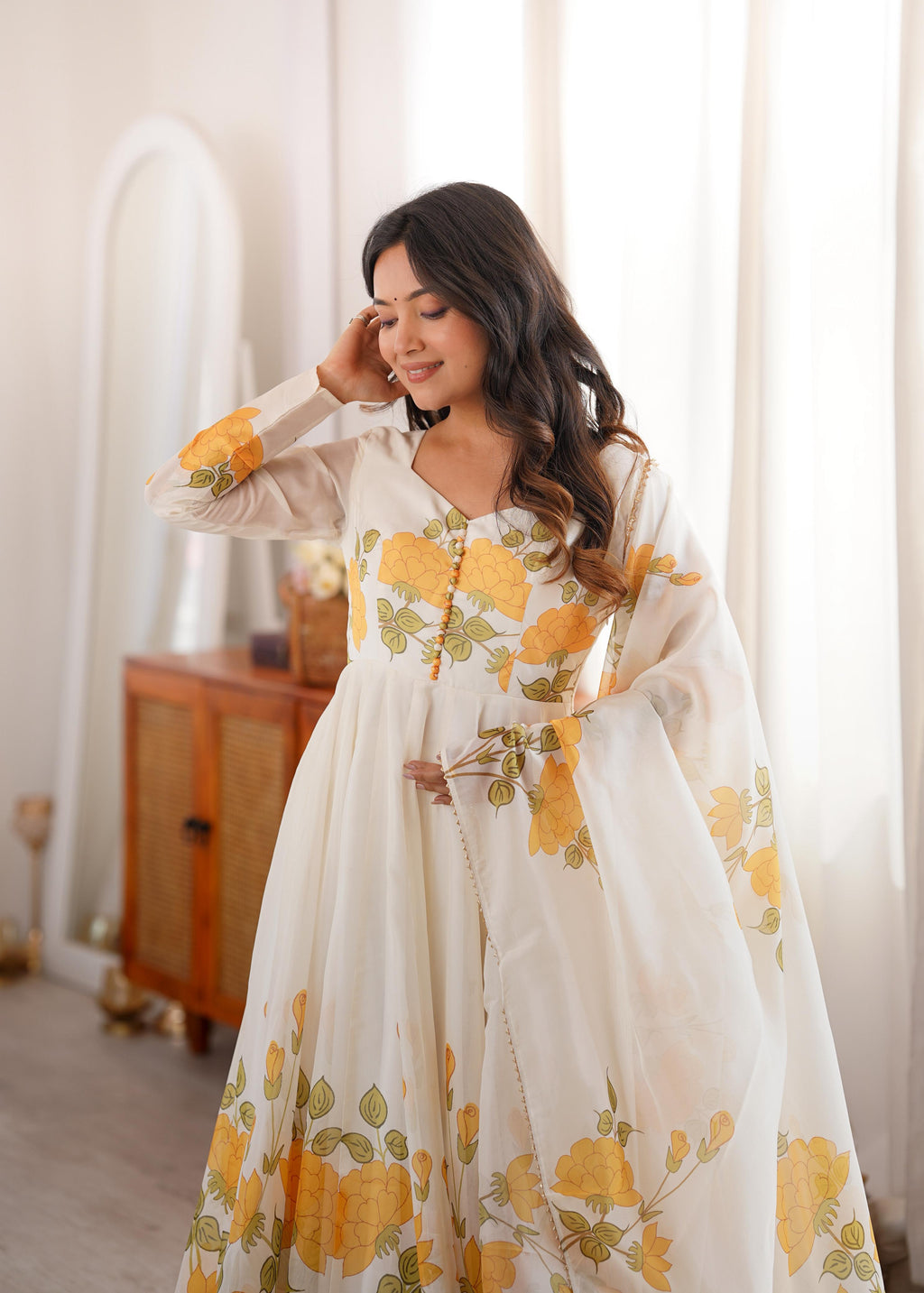 White Soft Organza Silk Anarkali Suit Set With Floral Print