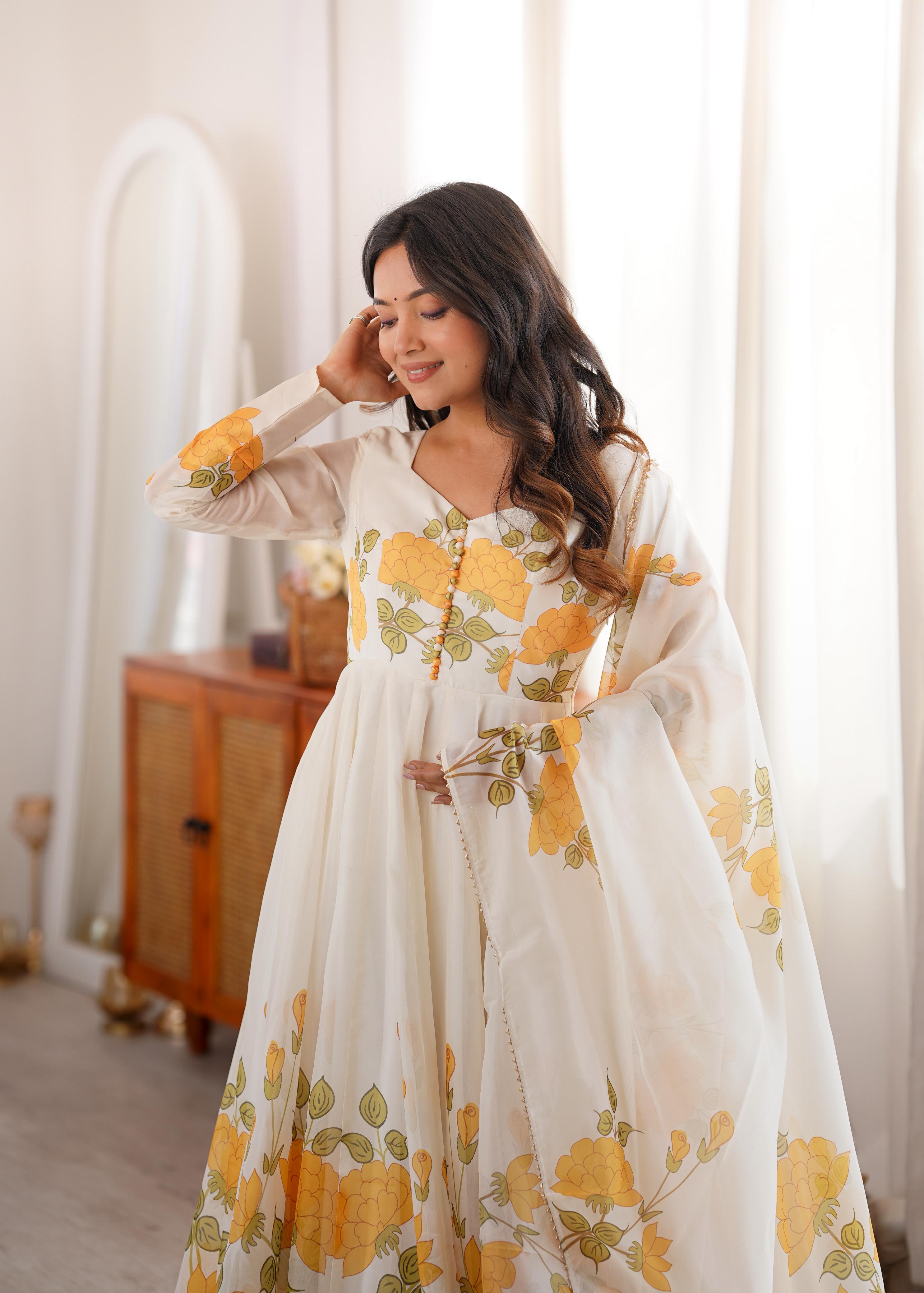 White Soft Organza Silk Anarkali Suit Set With Floral Print