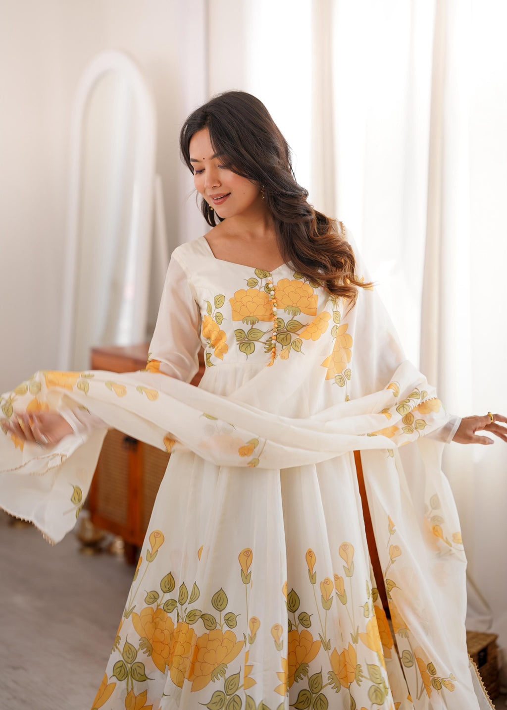 White Soft Organza Silk Anarkali Suit Set With Floral Print
