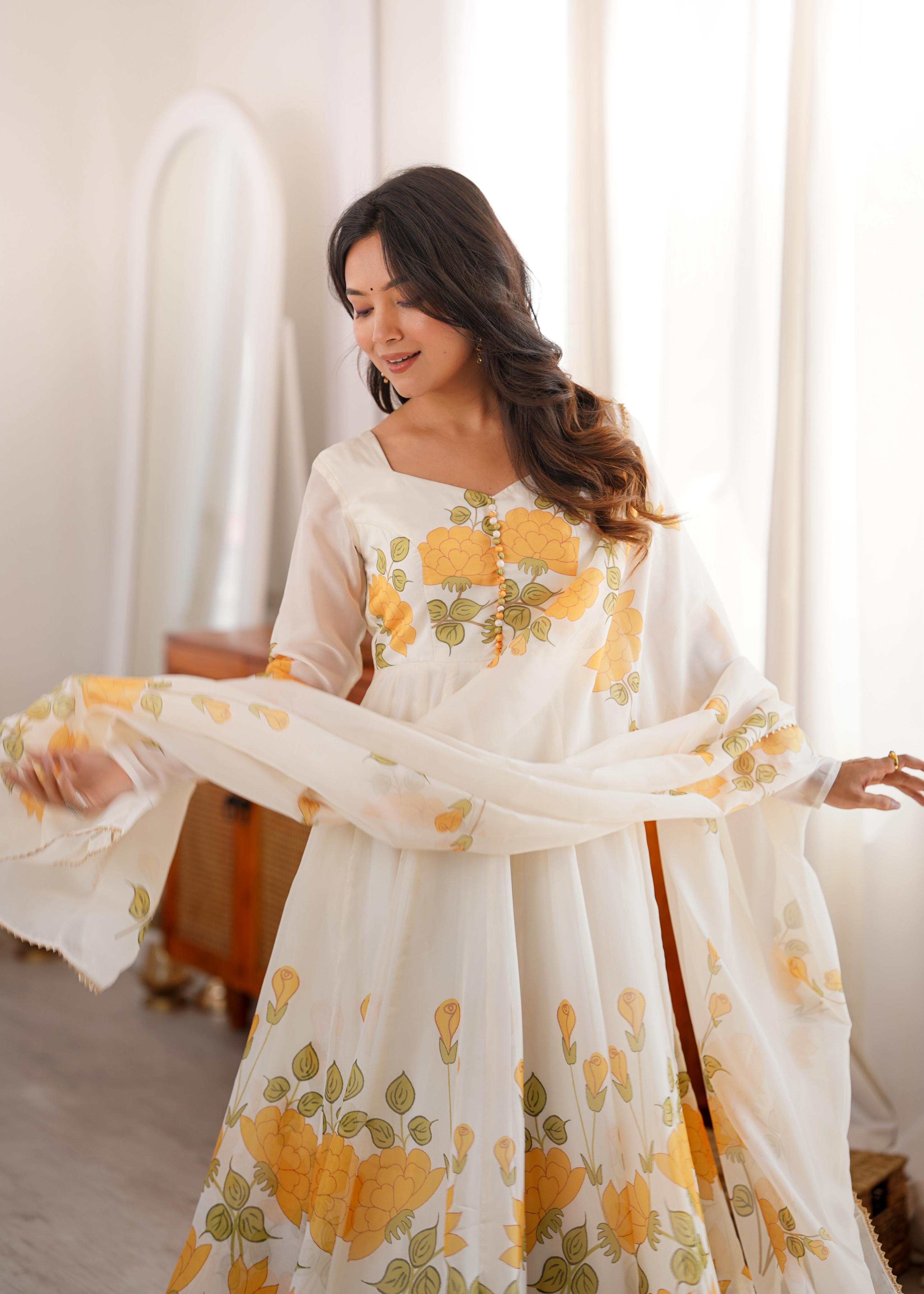White Soft Organza Silk Anarkali Suit Set With Floral Print