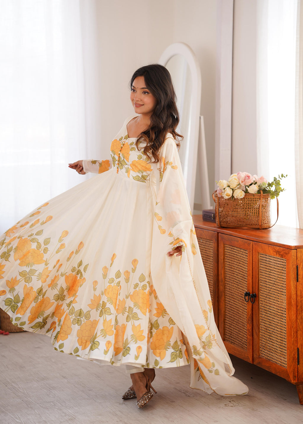 White Soft Organza Silk Anarkali Suit Set With Floral Print