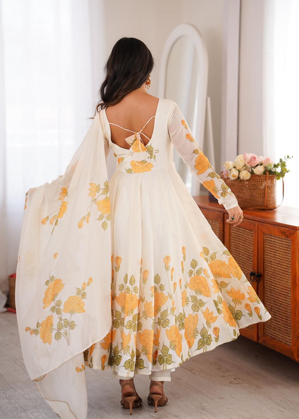 White Soft Organza Silk Anarkali Suit Set With Floral Print