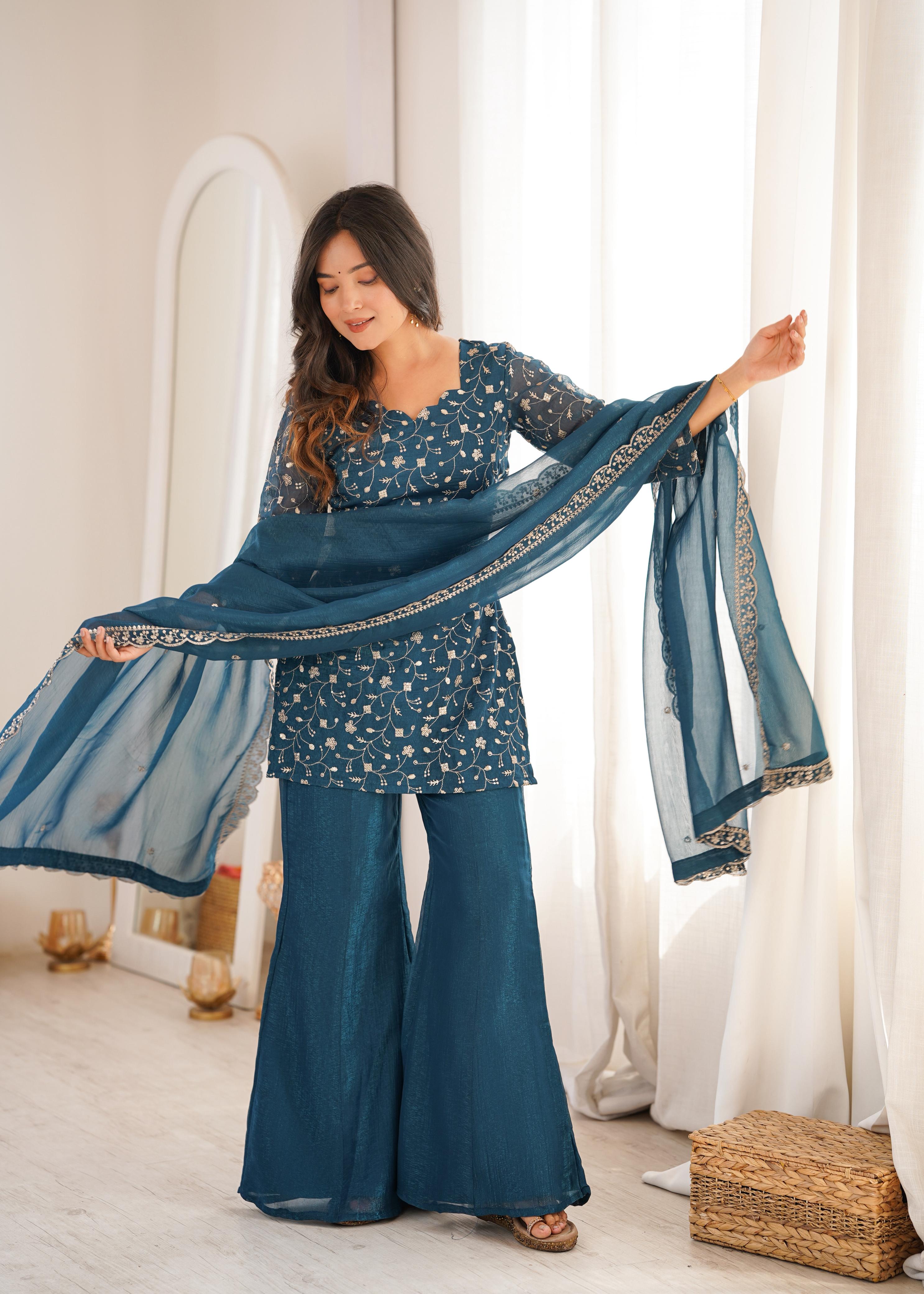 Teal Crunchy Silk Kurta Suit Set with Embroidery for Festive Occasions